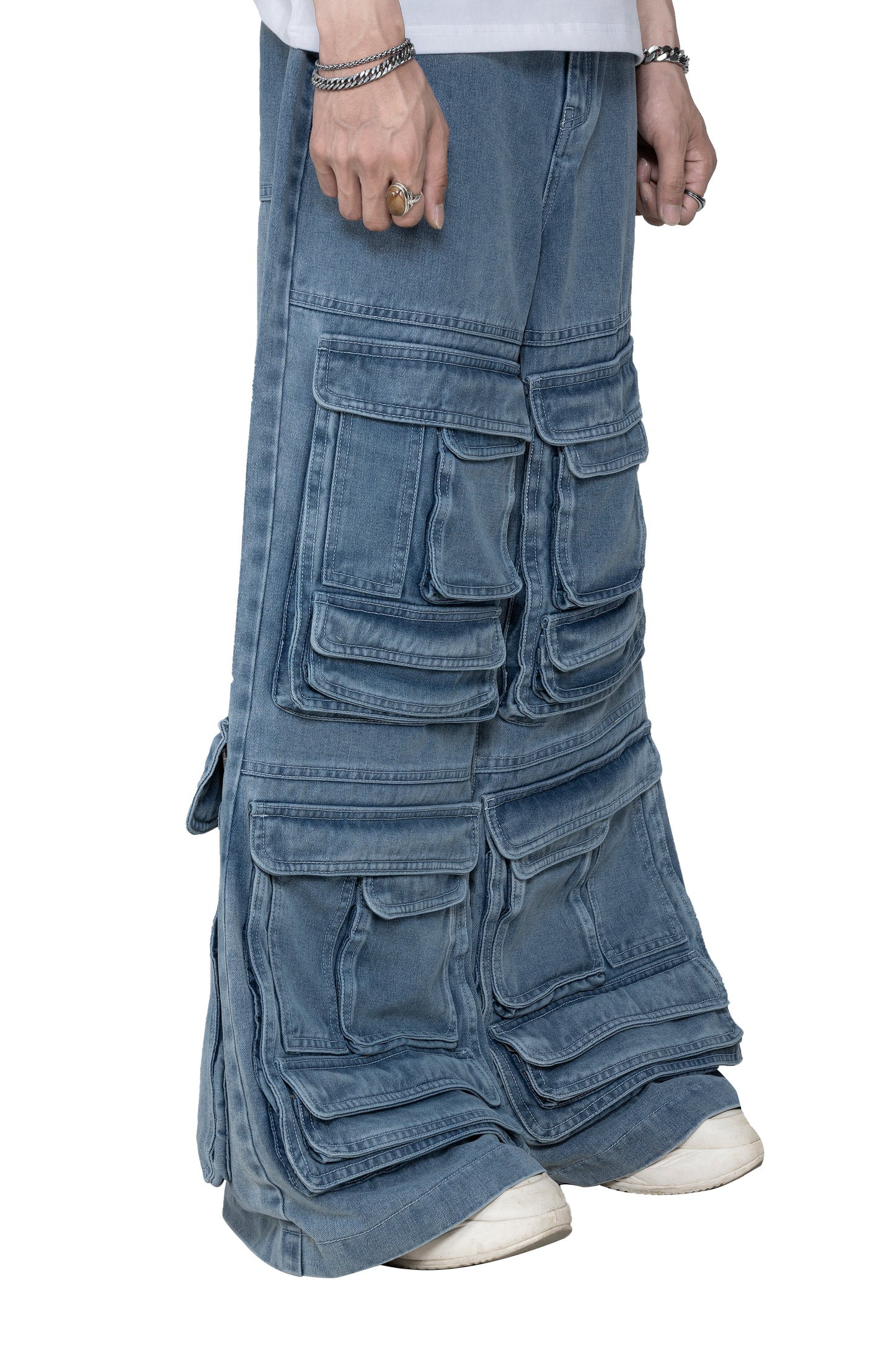 Fade Stack Cargo Pants | 3D Multi-Pocket Wide Leg Denim - Vintage Indigo Fade High-Utility Streetwear