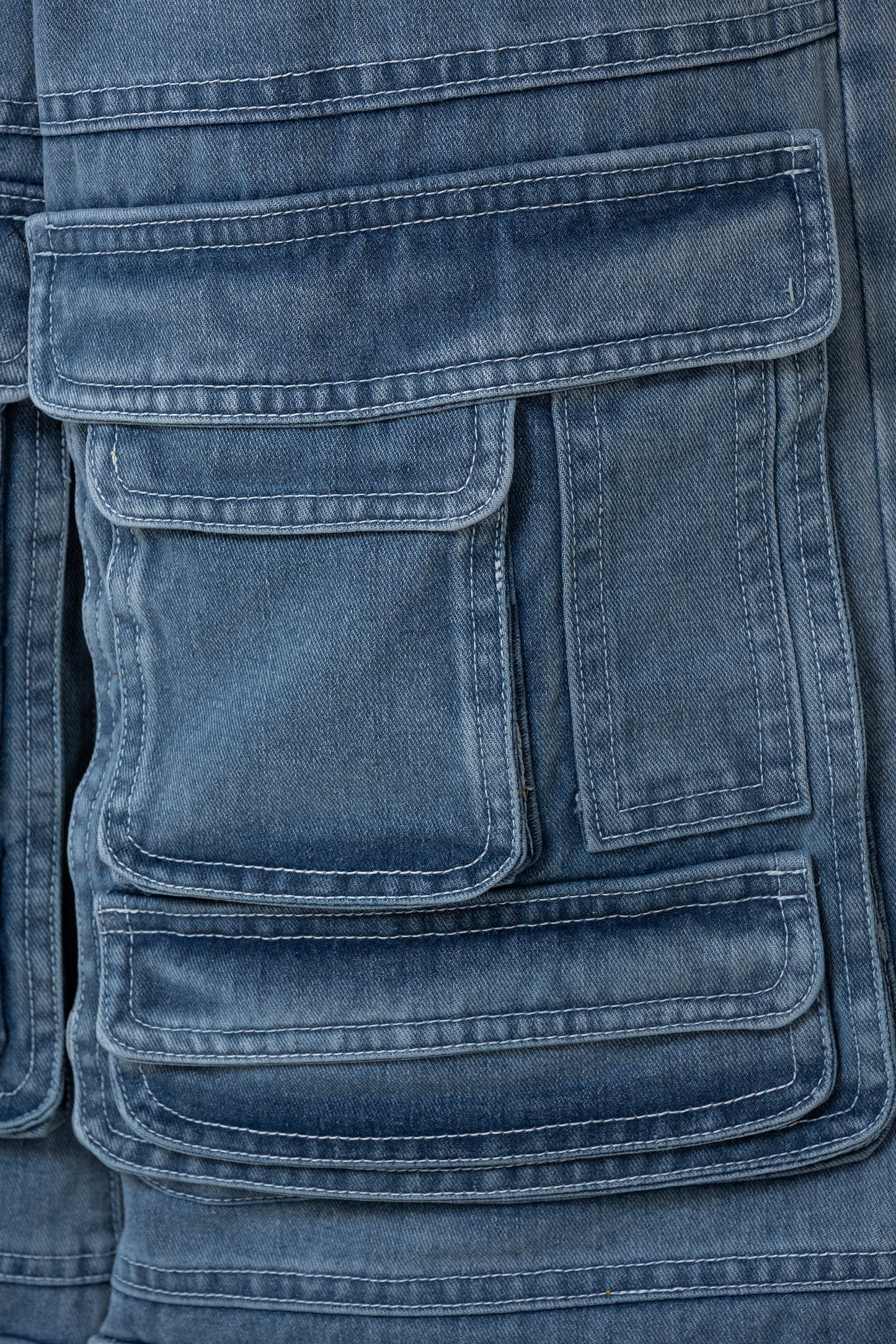 Fade Stack Cargo Pants | 3D Multi-Pocket Wide Leg Denim - Vintage Indigo Fade High-Utility Streetwear