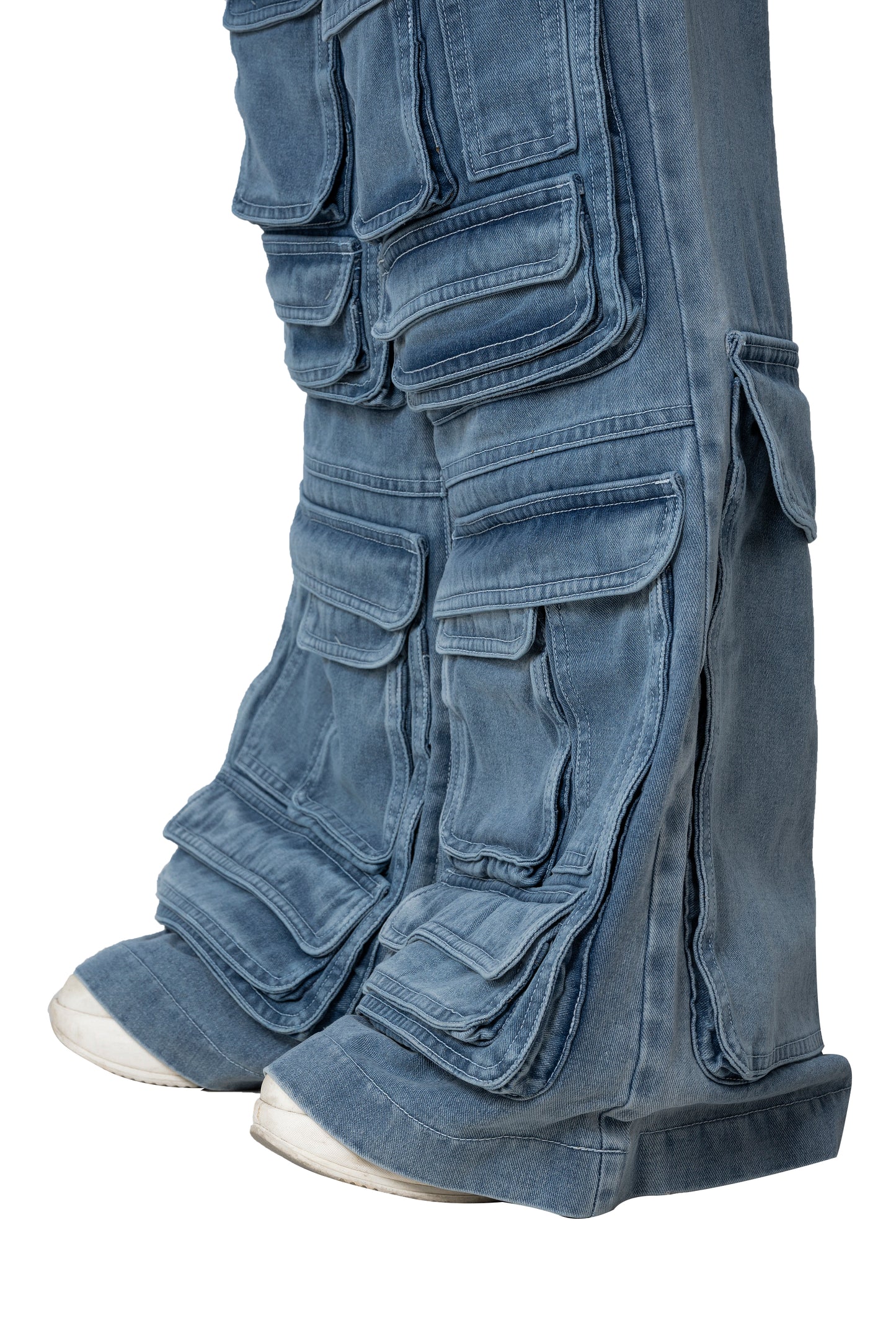 Fade Stack Cargo Pants | 3D Multi-Pocket Wide Leg Denim - Vintage Indigo Fade High-Utility Streetwear