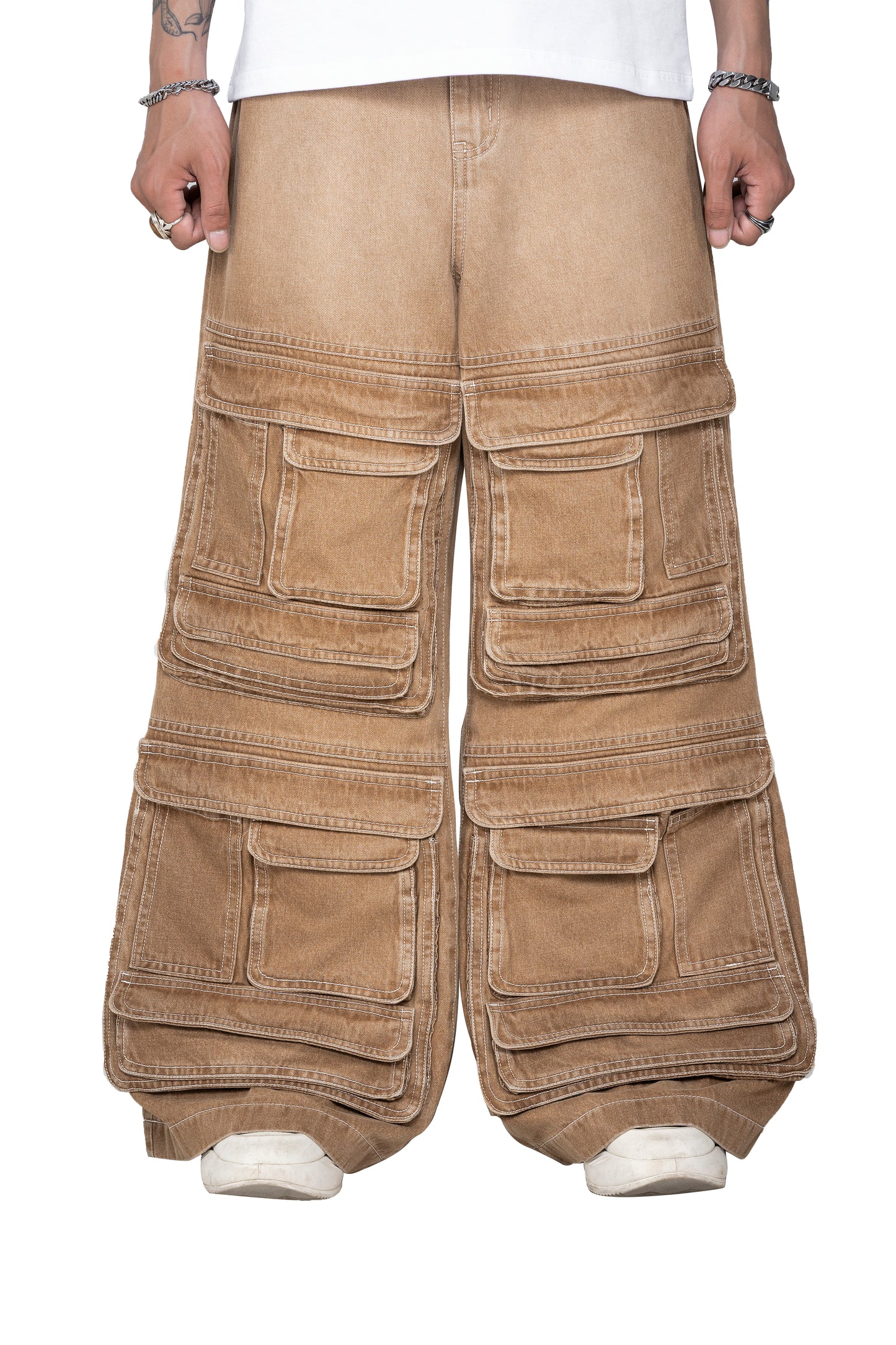 Dune Stack Cargo Pants | 3D Multi-Pocket Wide Leg Denim - Vintage Sand Wash High-Utility Streetwear