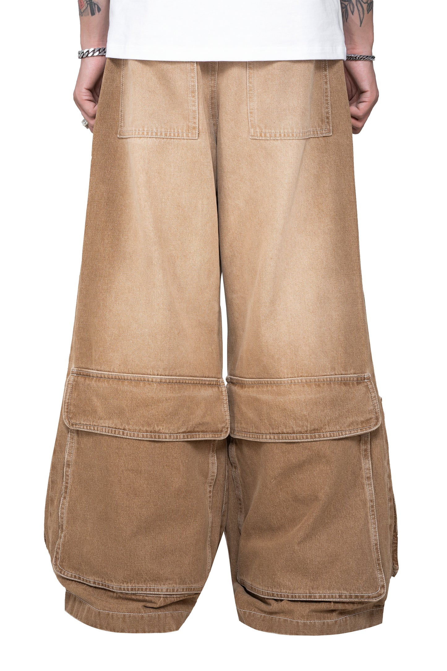 Dune Stack Cargo Pants | 3D Multi-Pocket Wide Leg Denim - Vintage Sand Wash High-Utility Streetwear