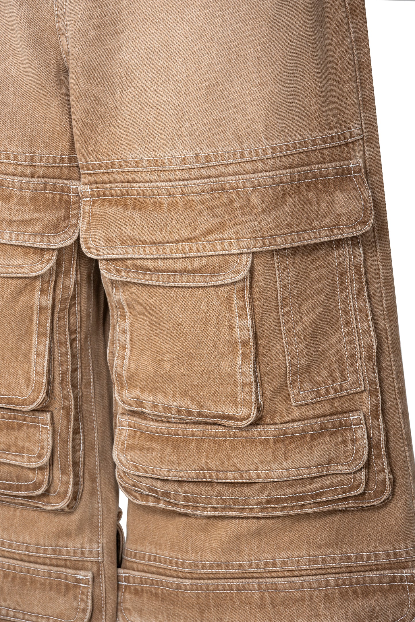 Dune Stack Cargo Pants | 3D Multi-Pocket Wide Leg Denim - Vintage Sand Wash High-Utility Streetwear
