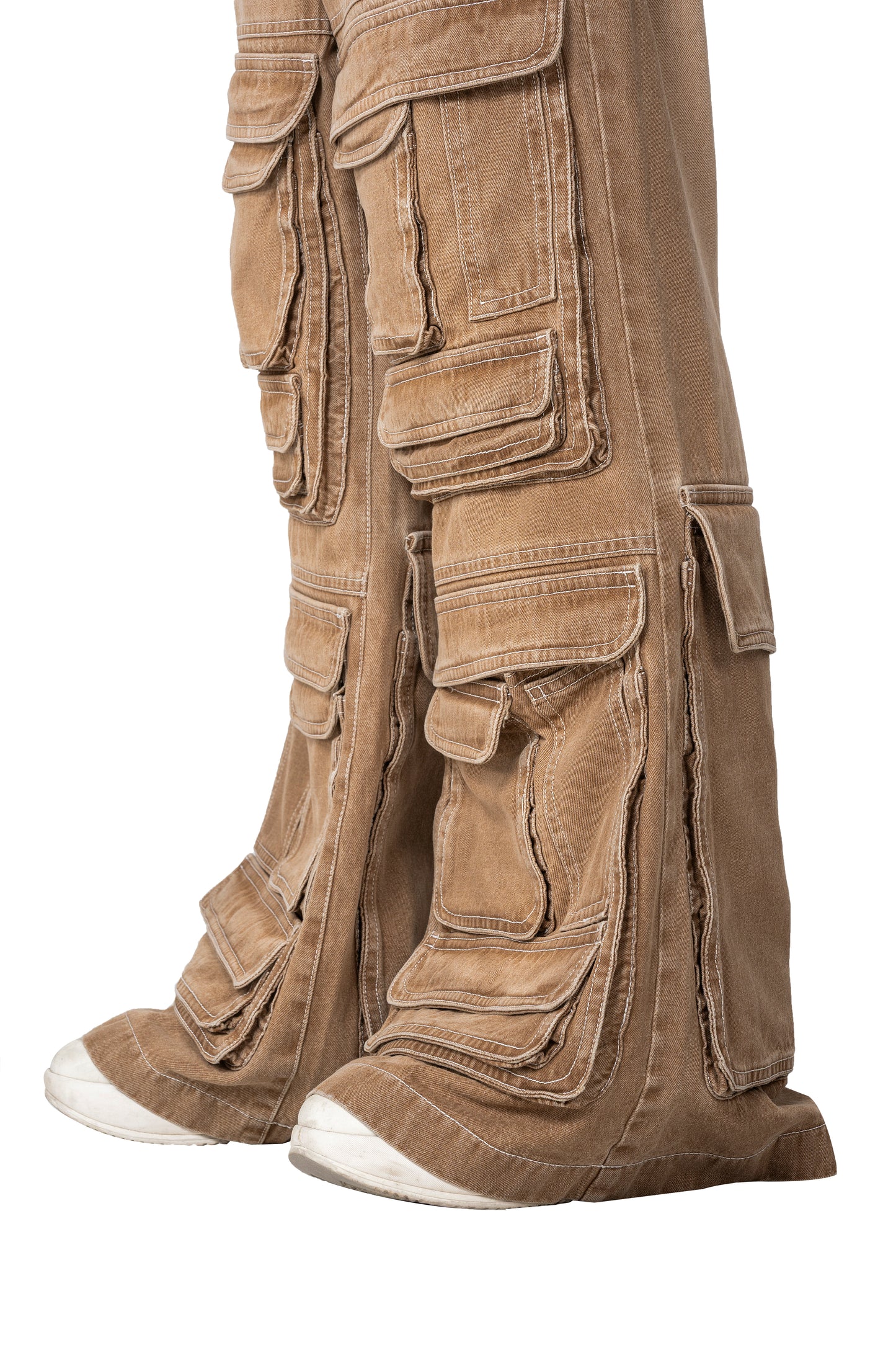 Dune Stack Cargo Pants | 3D Multi-Pocket Wide Leg Denim - Vintage Sand Wash High-Utility Streetwear