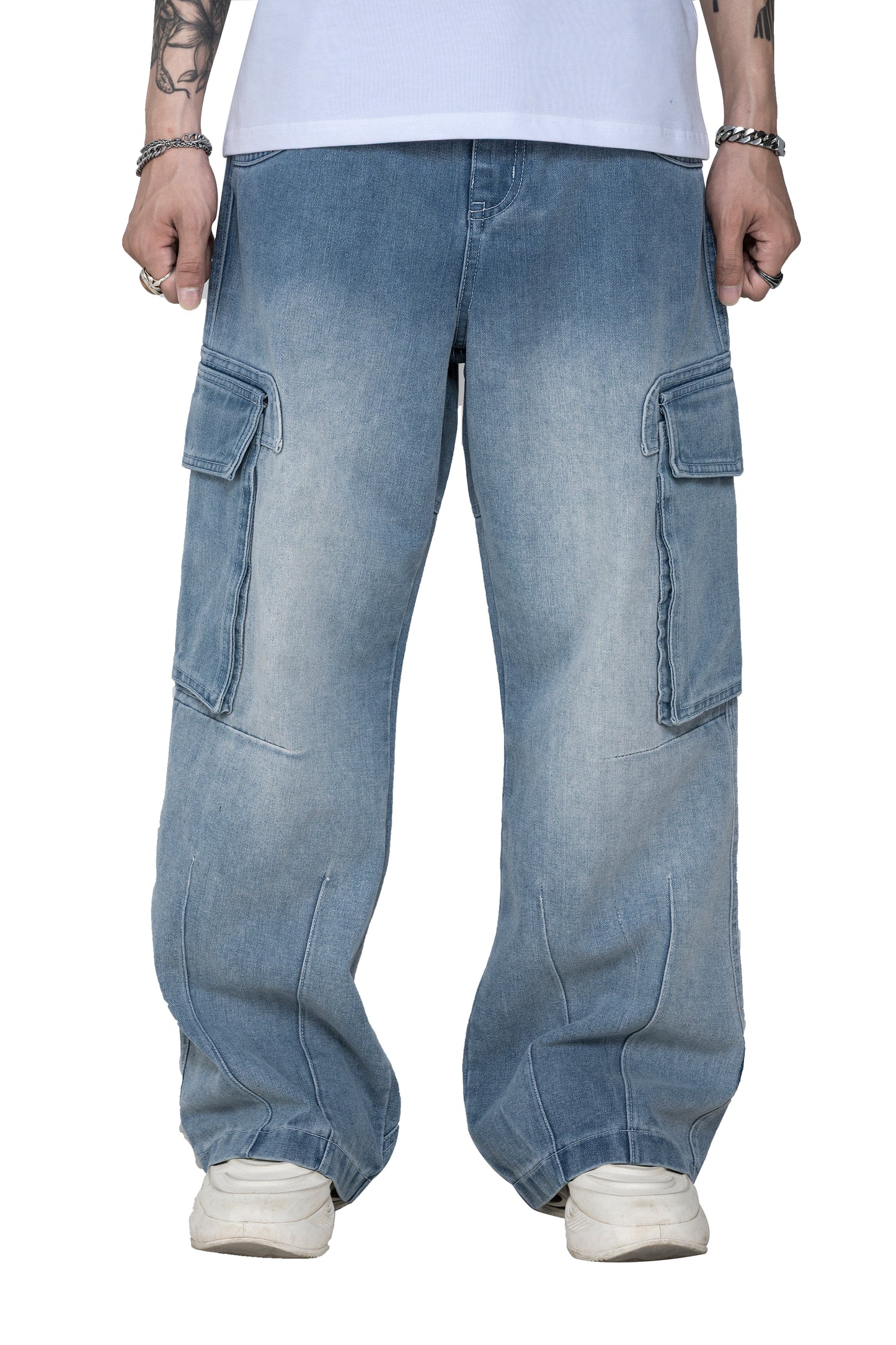 Fade Flow Cargo Pants | Streamlined Wide Leg Denim - Vintage Indigo Fade Minimalist Streetwear