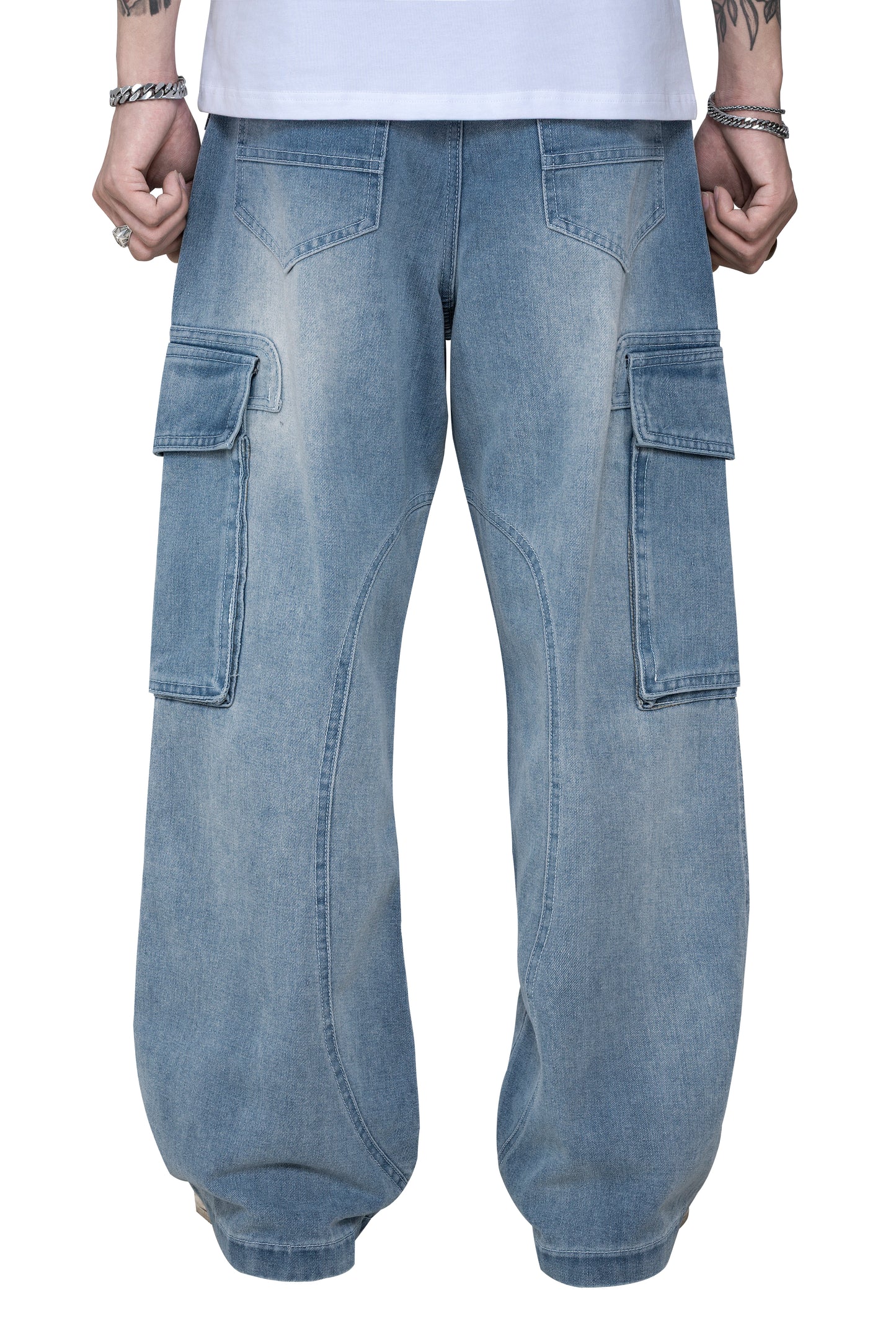 Fade Flow Cargo Pants | Streamlined Wide Leg Denim - Vintage Indigo Fade Minimalist Streetwear