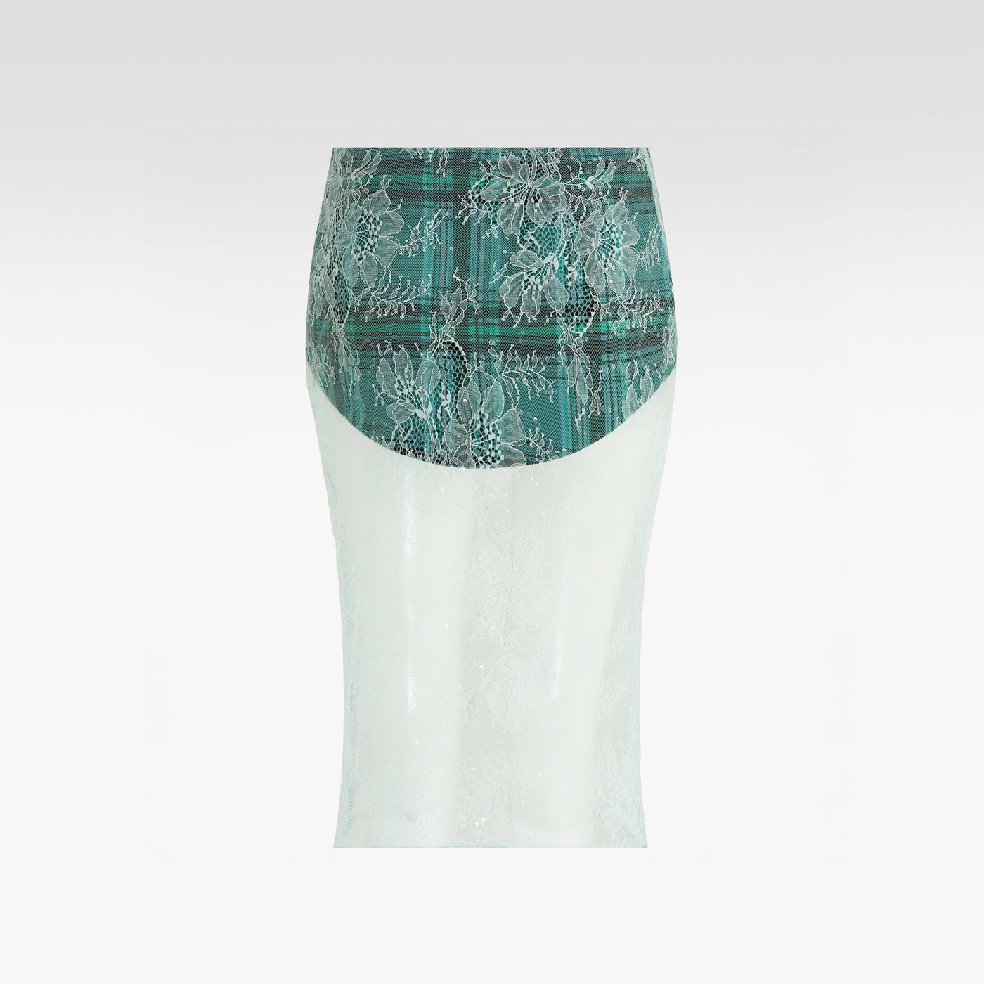 Emerald Veil Plaid Midi Skirt | Layered Tartan & Sheer Sequined Lace Pencil Skirt