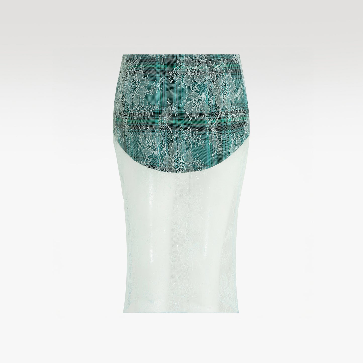 Emerald Veil Plaid Midi Skirt | Layered Tartan & Sheer Sequined Lace Pencil Skirt