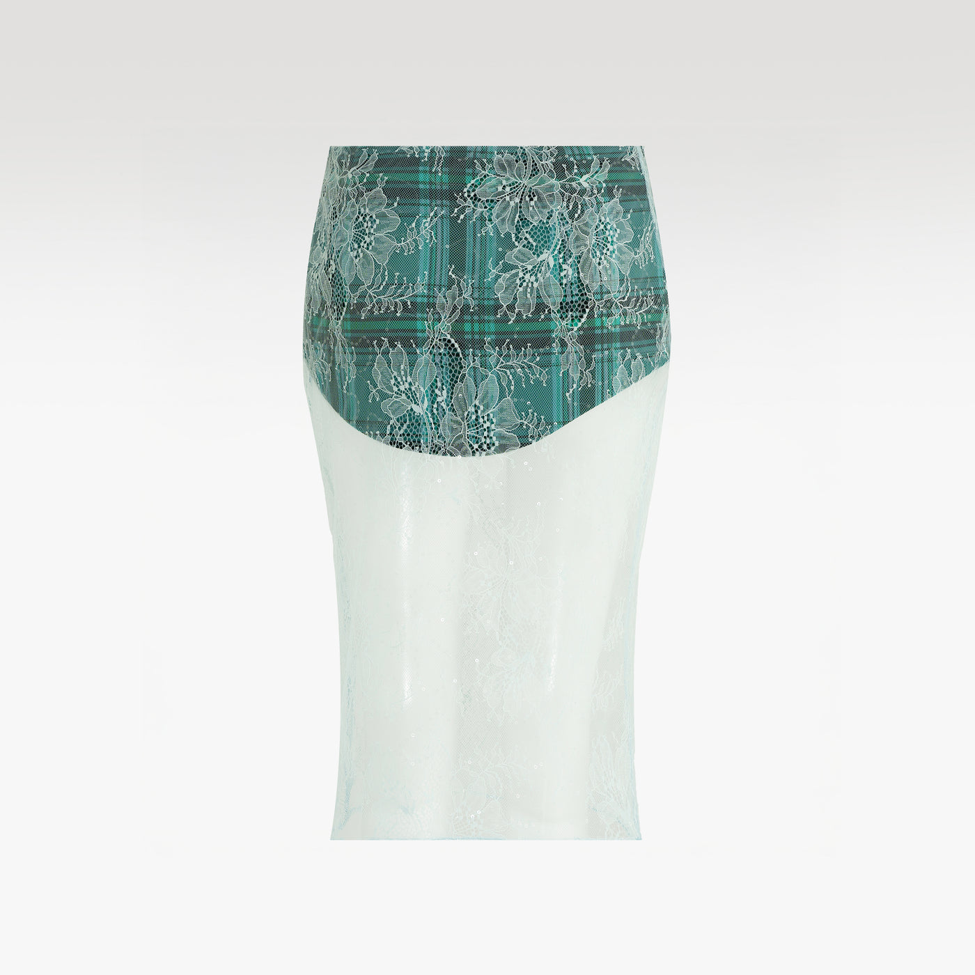 Emerald Veil Plaid Midi Skirt | Layered Tartan & Sheer Sequined Lace Pencil Skirt