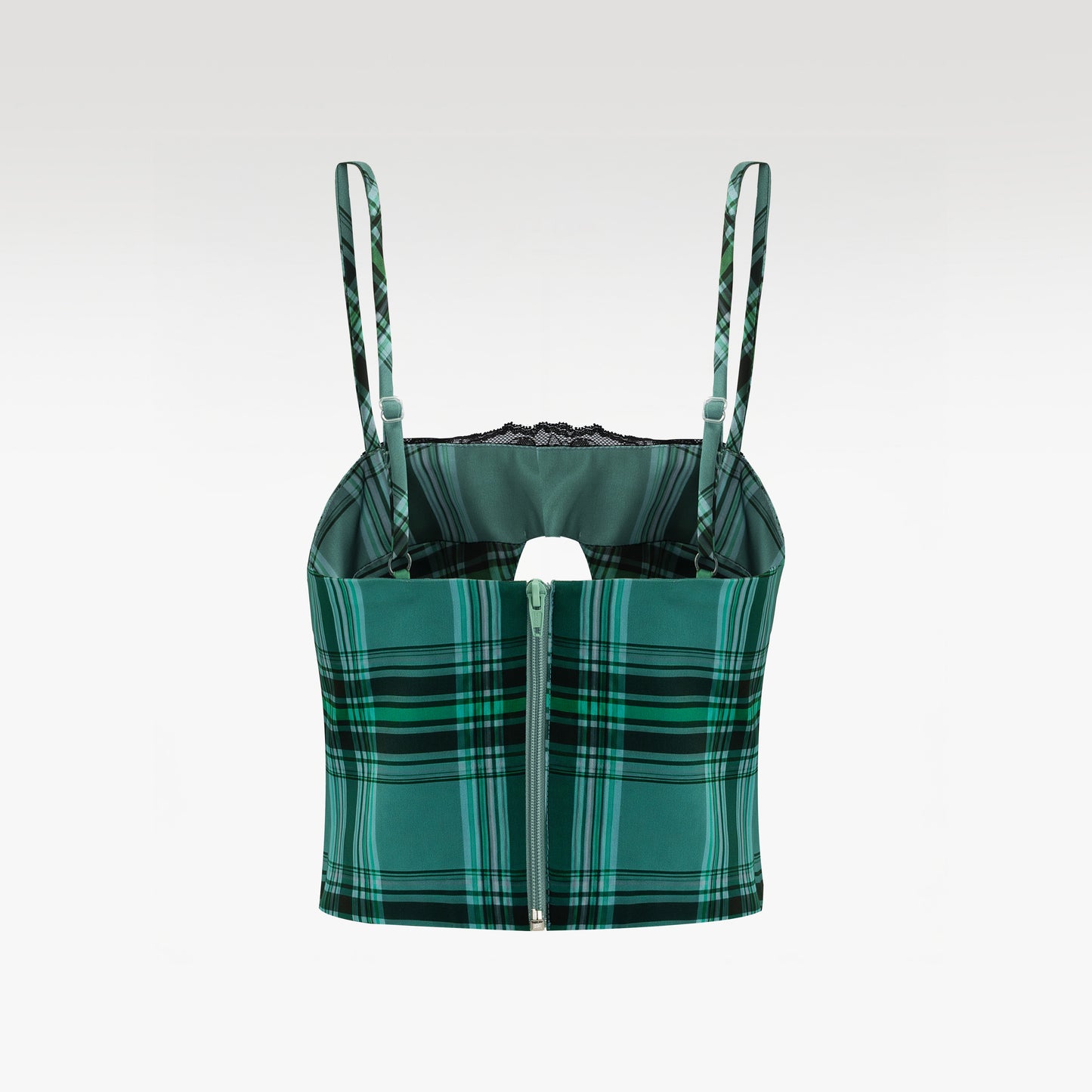 Emerald Veil Plaid Corset Top | Green Tartan Bustier with Lace Overlay & Keyhole Detail