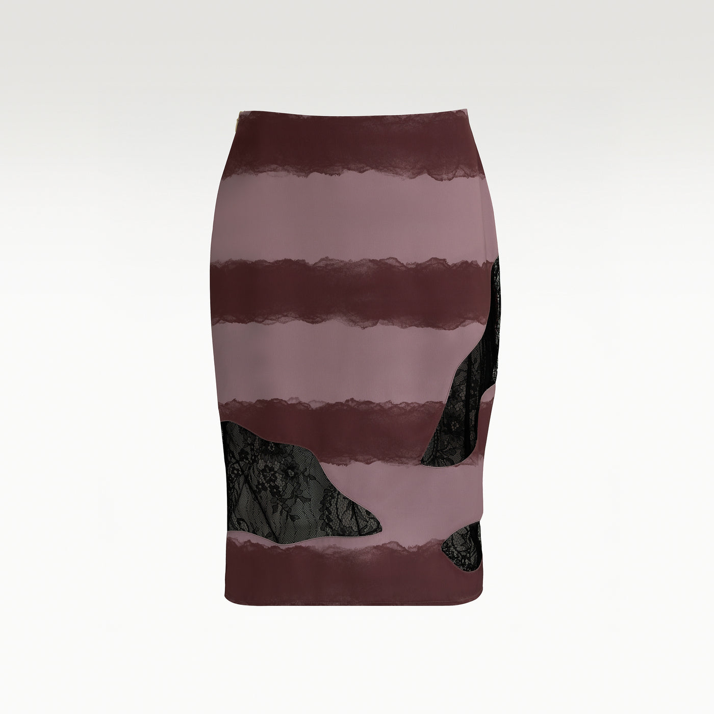 Elysian Pink Pencil Skirt | Mauve Horizontal Watercolor Stripe Midi Skirt with Black Lace Cutouts