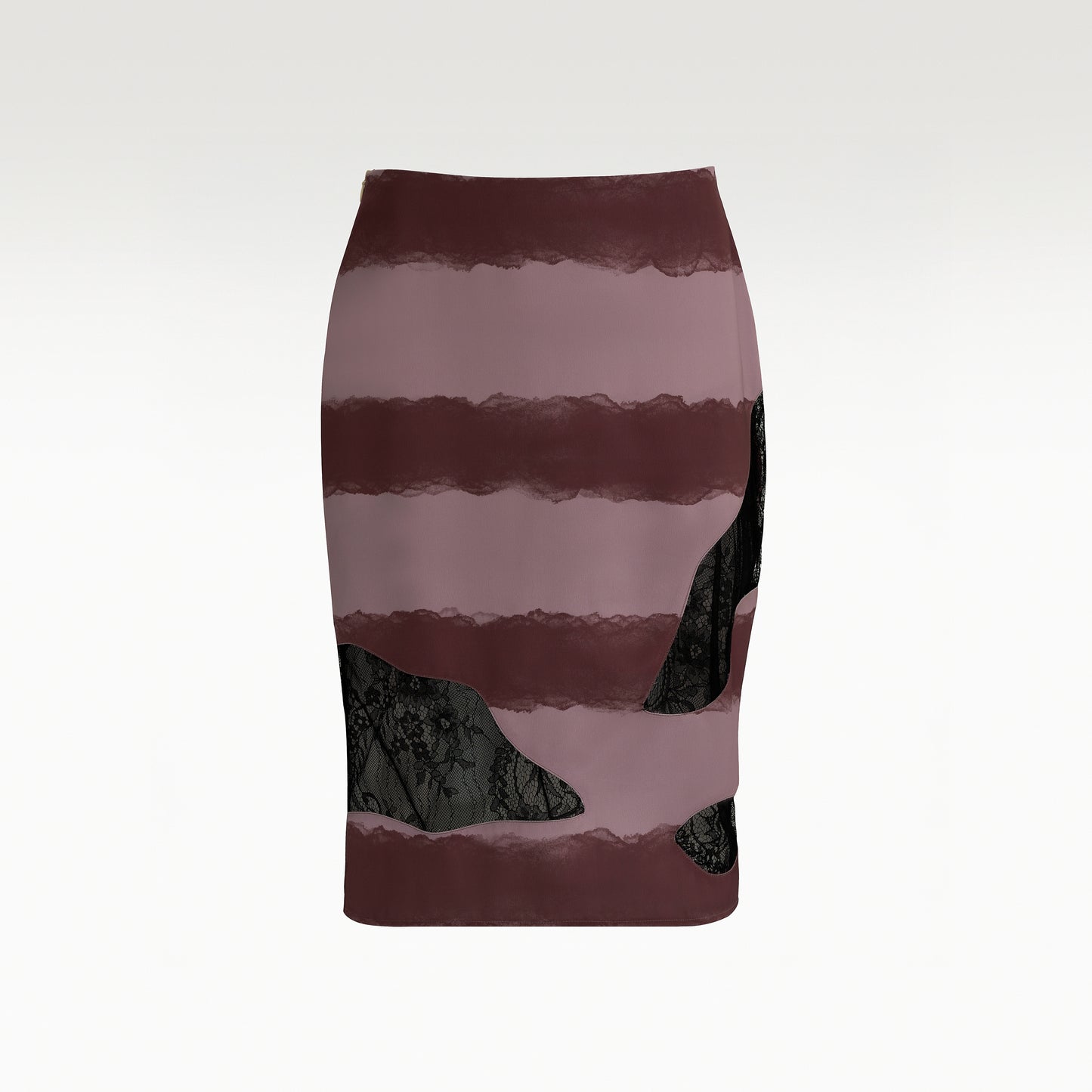 Elysian Pink Pencil Skirt | Mauve Horizontal Watercolor Stripe Midi Skirt with Black Lace Cutouts