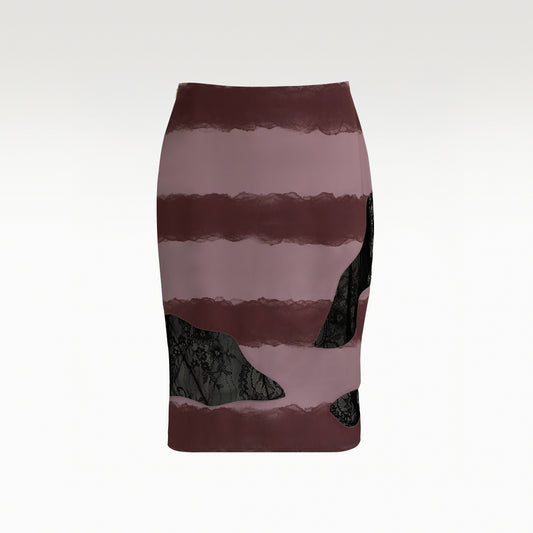 Elysian Pink Pencil Skirt | Mauve Horizontal Watercolor Stripe Midi Skirt with Black Lace Cutouts
