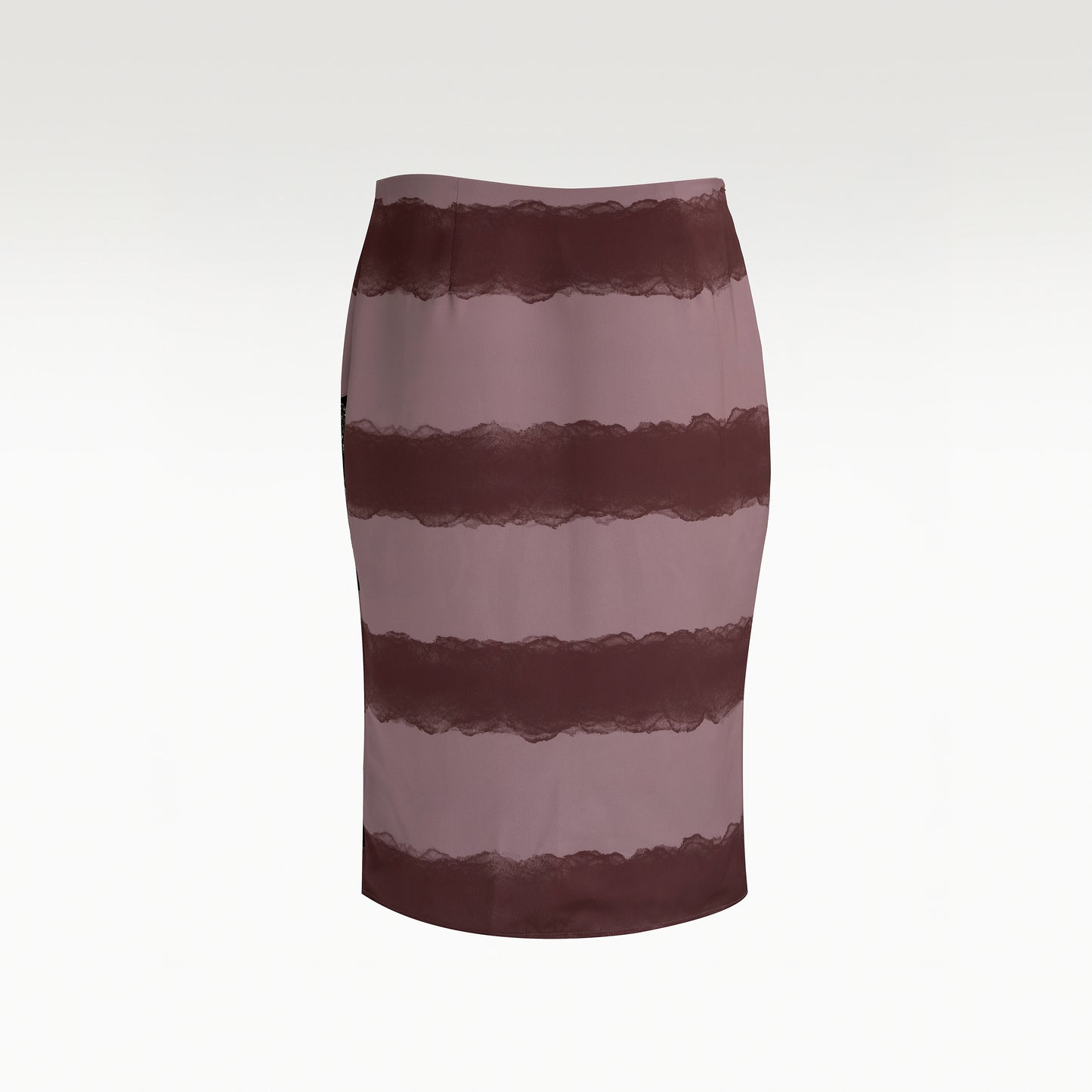 Elysian Pink Pencil Skirt | Mauve Horizontal Watercolor Stripe Midi Skirt with Black Lace Cutouts