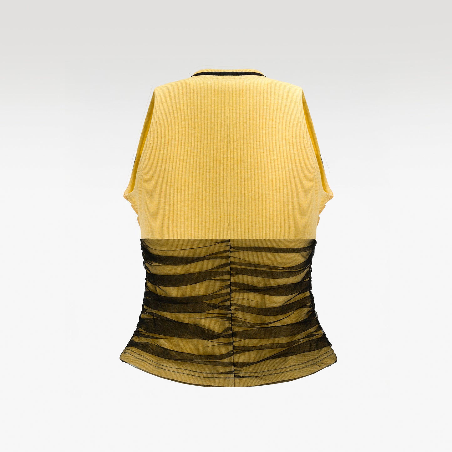 Forest Muse Ruched Tank Top | Mustard Yellow Halter Top with Layered Black Tulle Overlay & Ribbon Detail
