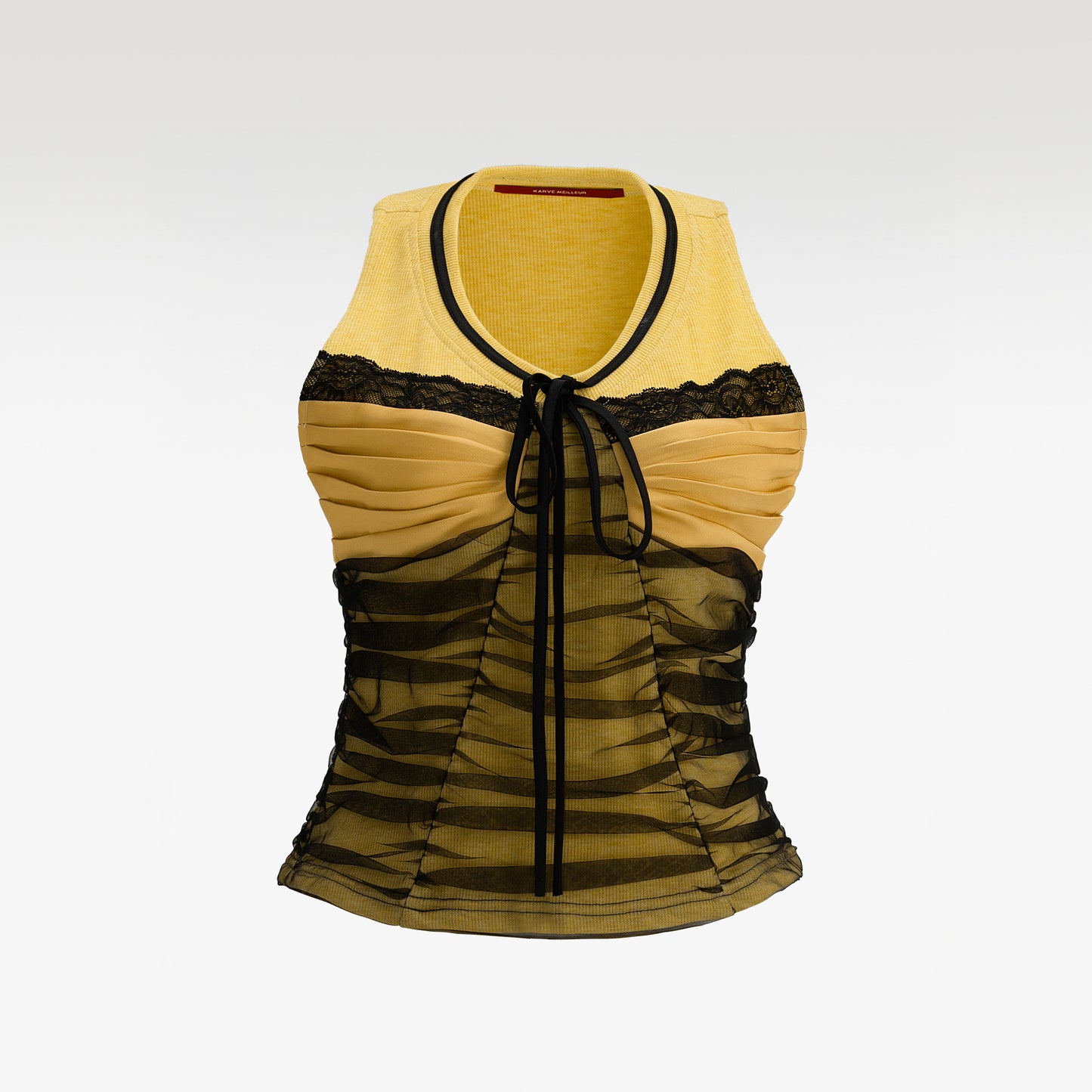 Forest Muse Ruched Tank Top | Mustard Yellow Halter Top with Layered Black Tulle Overlay & Ribbon Detail