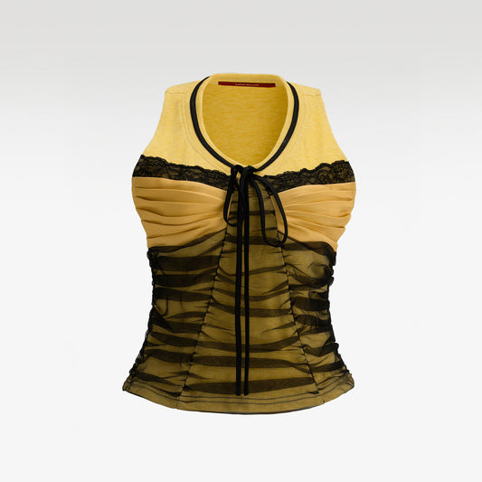 Forest Muse Ruched Tank Top | Mustard Yellow Halter Top with Layered Black Tulle Overlay & Ribbon Detail