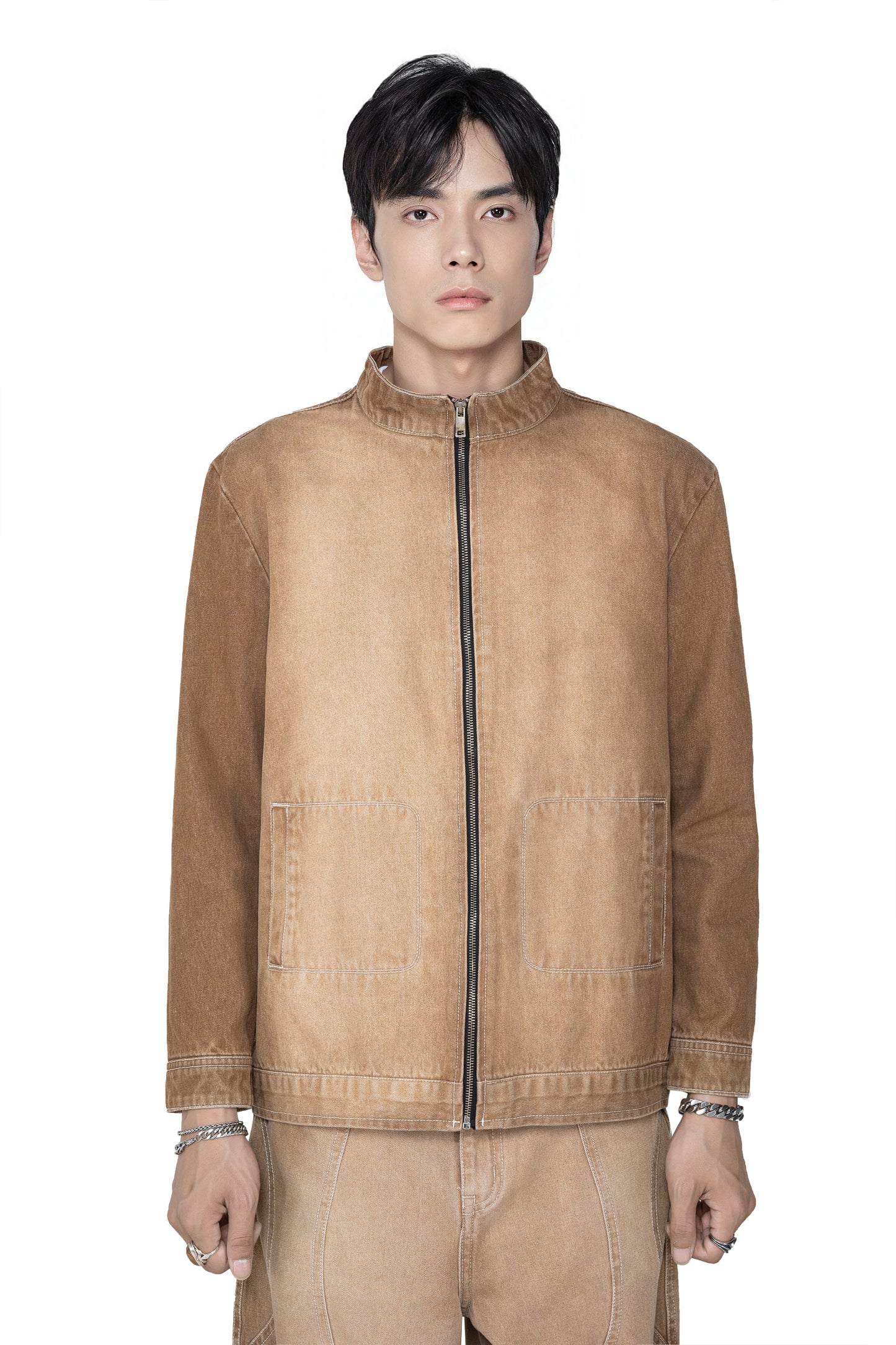 Dune Zip Denim Jacket | Vintage Sand Wash Mock Neck - Premium Heavyweight Slim-Fit Earth Tone Outerwear