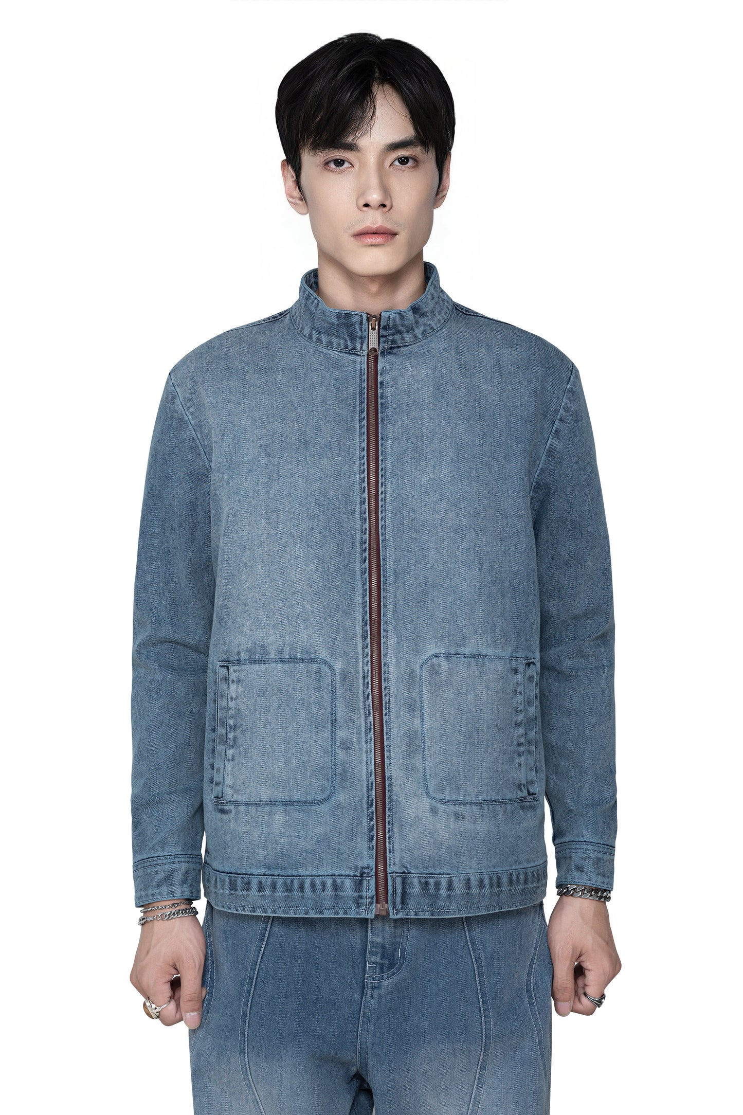 Fade Zip Denim Jacket | Vintage Indigo Fade Mock Neck - Premium Heavyweight Slim-Fit Streetwear Outerwear