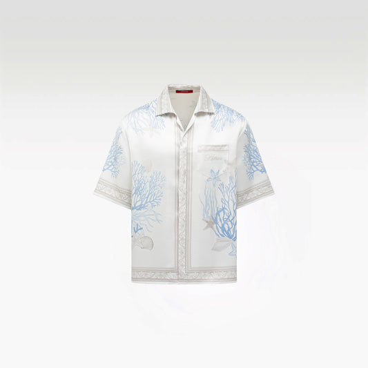 Rococo Coraline White Silk Shirt | Premium Printed Silk Taffeta White Base Ocean