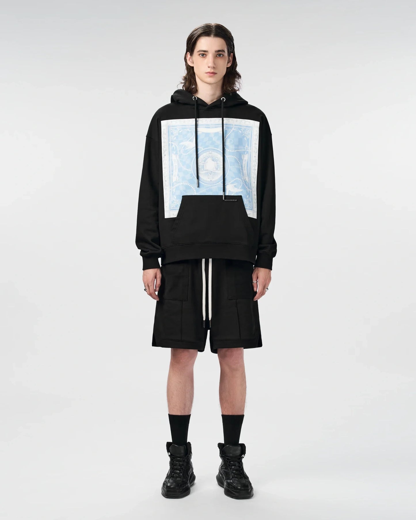 Meta Square Hoodie | Oversized French Terry Silk Panel Graphic Print Premium Streetwear