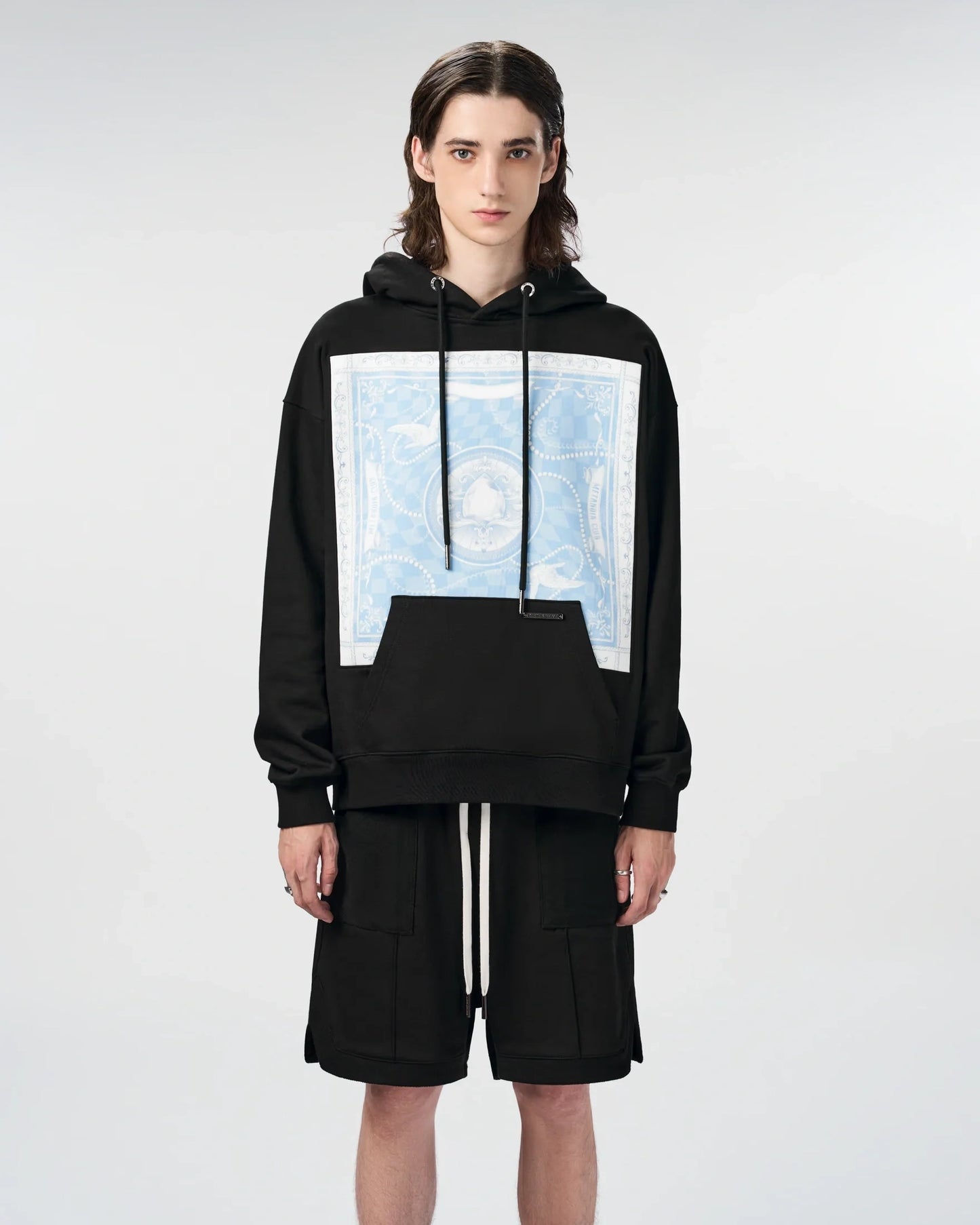 Meta Square Hoodie | Oversized French Terry Silk Panel Graphic Print Premium Streetwear
