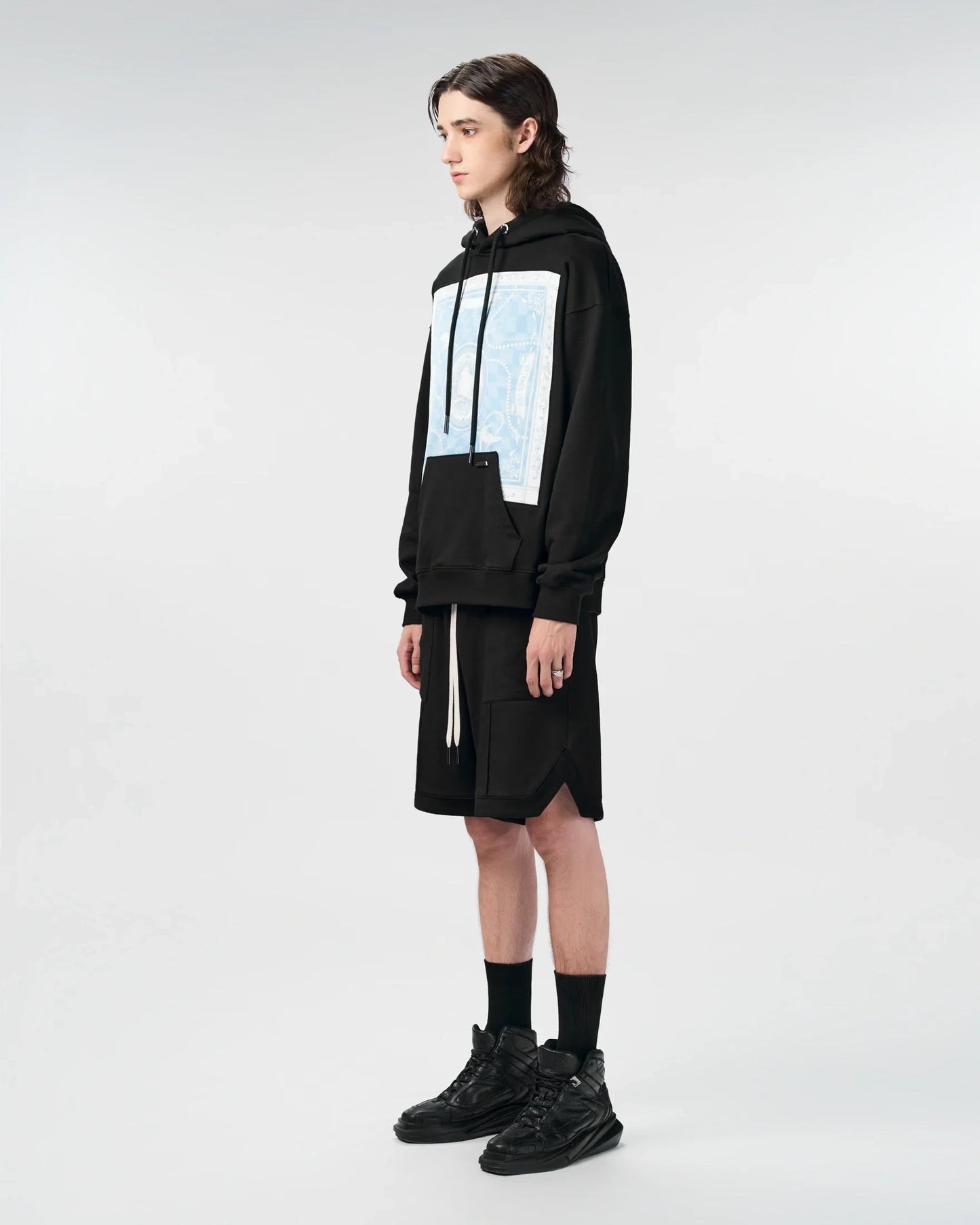 Meta Square Hoodie | Oversized French Terry Silk Panel Graphic Print Premium Streetwear