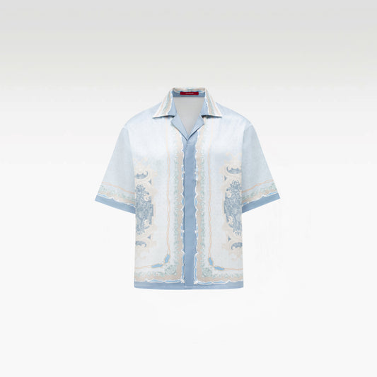 Rocaille Marine Silk Shirt | Premium Printed Silk Taffeta Baroque Ocean Grandeur Blue Pearl