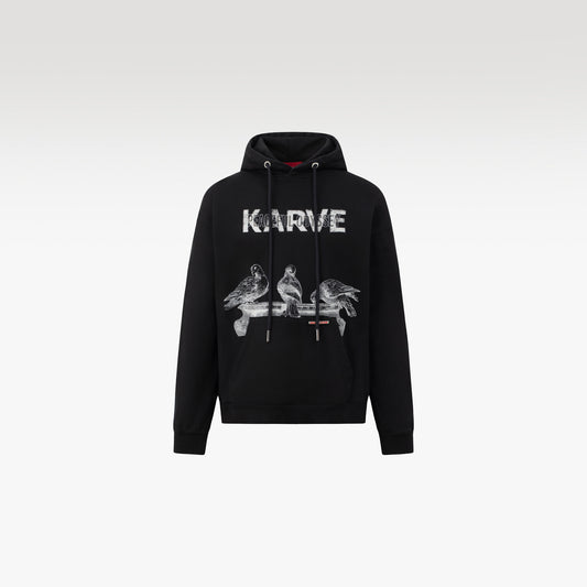 Pigeon Karve Hoodie | Urban Edge Relaxed Fit Graphic Print Cotton Fleece