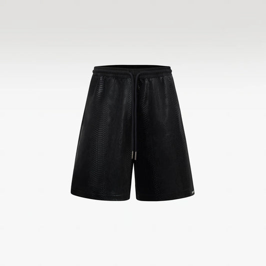 Cross Leather Shorts | Black Pythonskin Embossed Faux Leather Streetwear