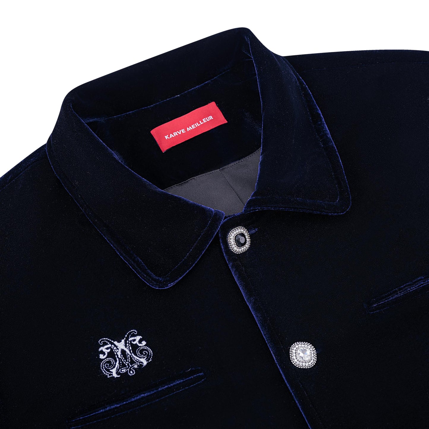 Navy Reverie Jacket |  Luxury Velvet Street Style Jacket, Signature Embroidered Decadent Bee