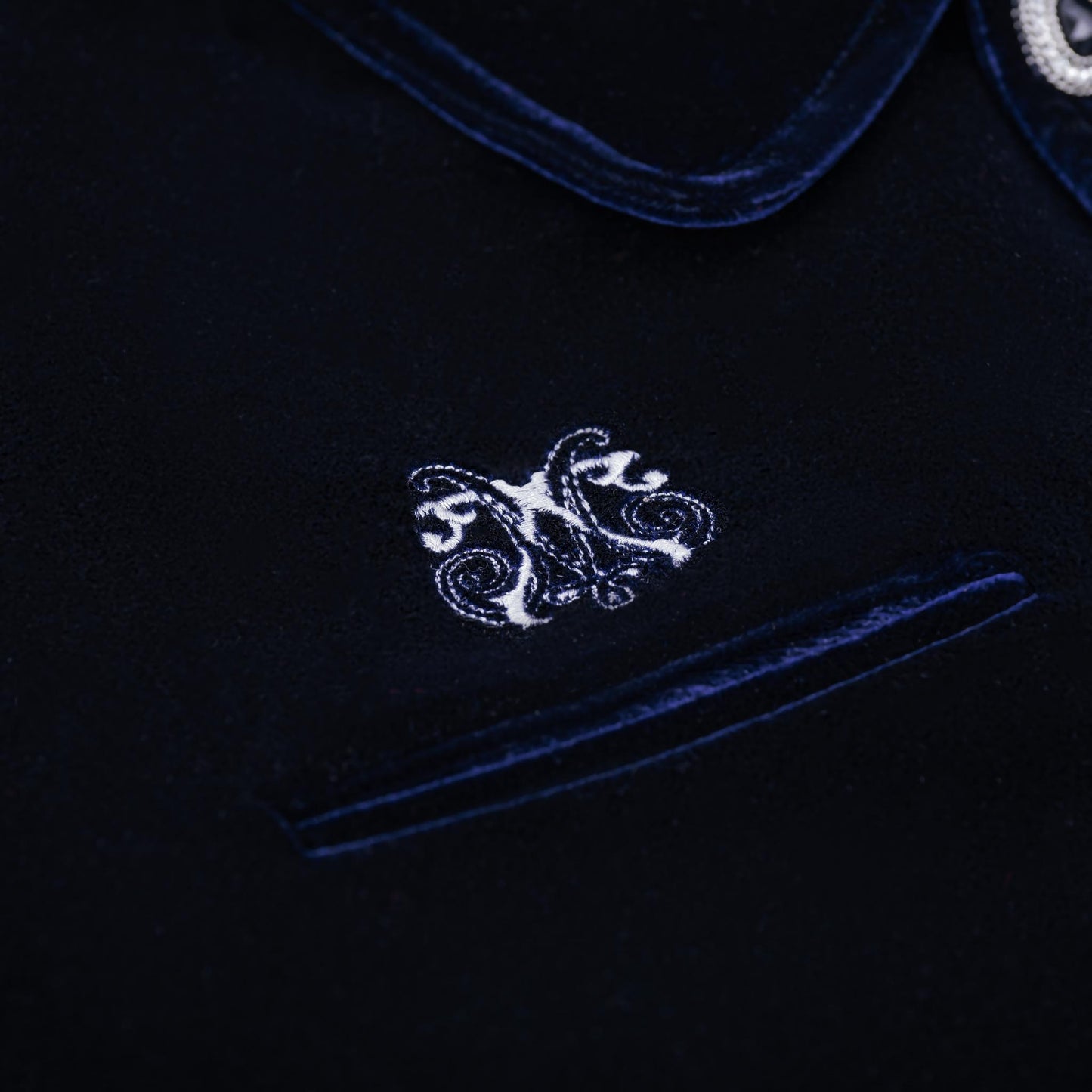 Navy Reverie Jacket |  Luxury Velvet Street Style Jacket, Signature Embroidered Decadent Bee