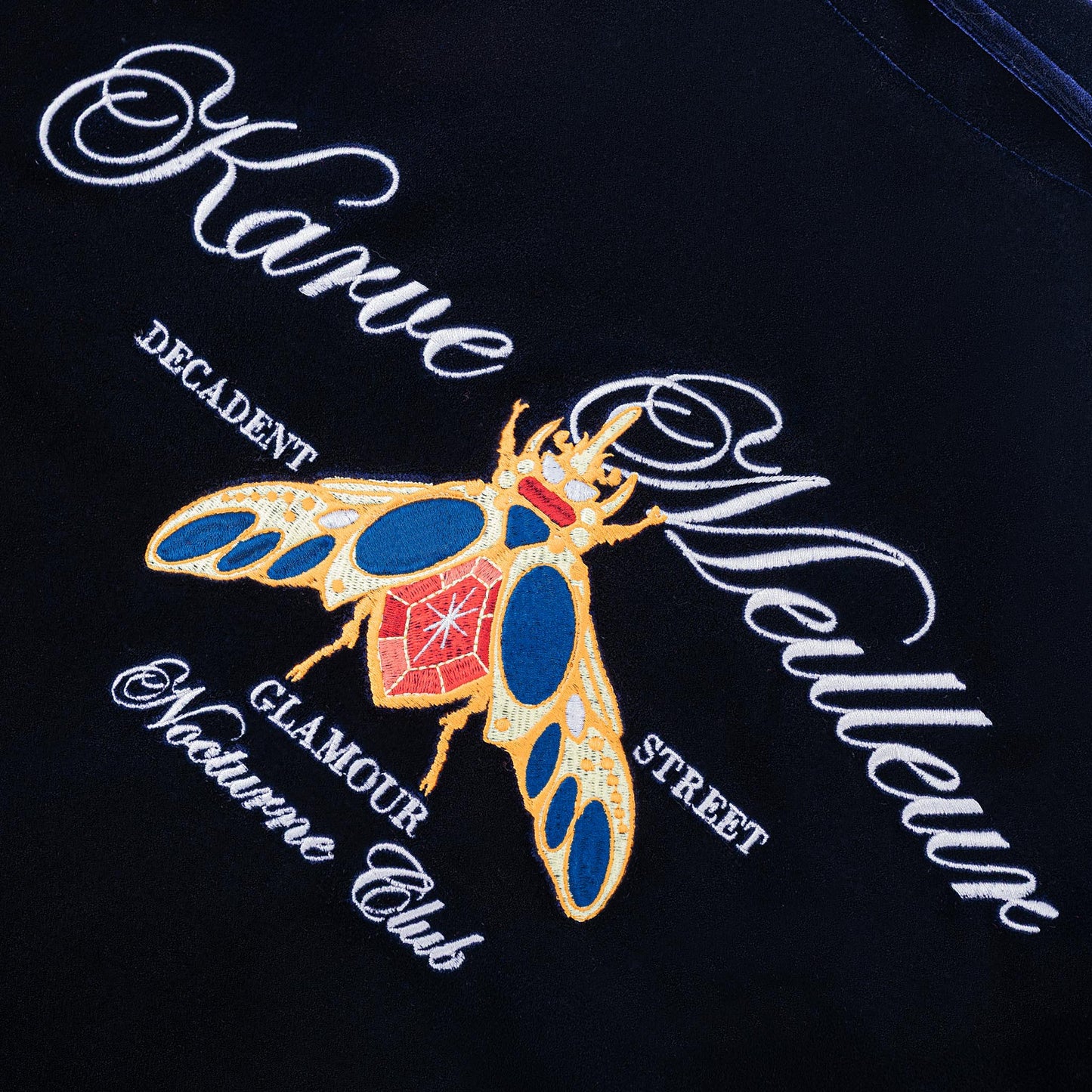 Navy Reverie Jacket |  Luxury Velvet Street Style Jacket, Signature Embroidered Decadent Bee