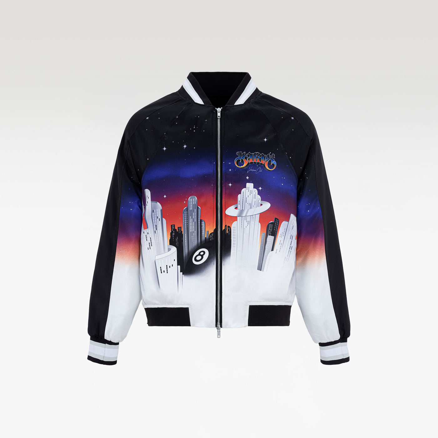 K City Silk Bomber | Premium Printed Silk Taffeta Futuristic Cityscape