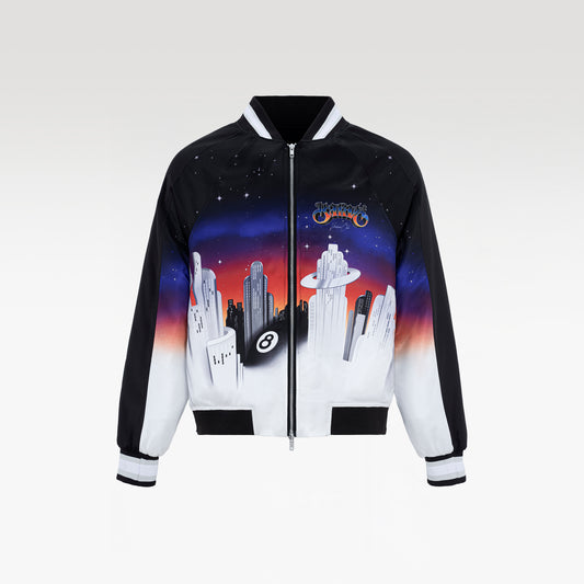 K City Silk Bomber | Premium Printed Silk Taffeta Futuristic Cityscape
