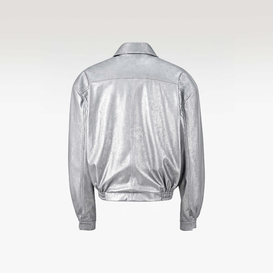 The Soft Decree Faux Leather Jacket | Metallic Shimmer Oversized Bomber Shirt Collar Techwear