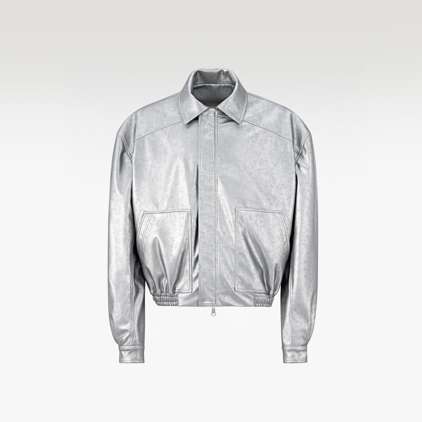 The Soft Decree Faux Leather Jacket | Metallic Shimmer Oversized Bomber Shirt Collar Techwear