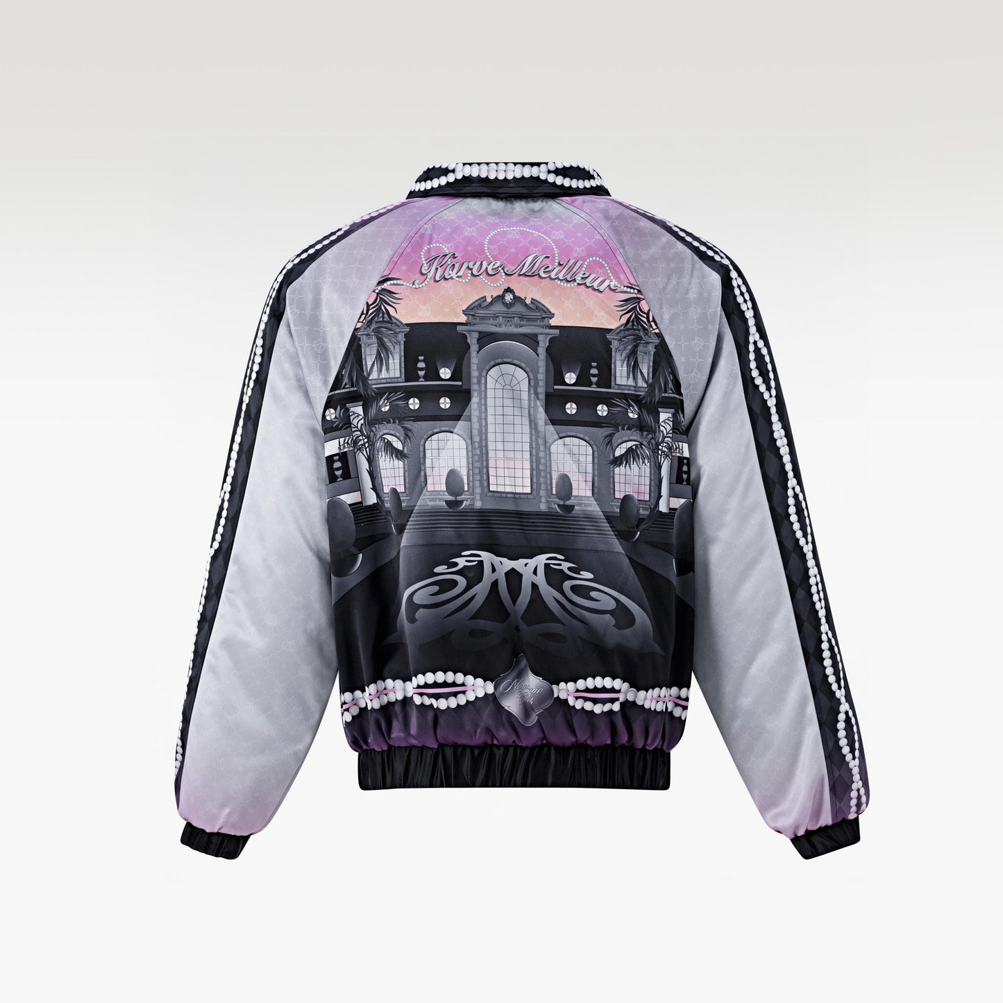 The Midnight Luxe Bomber Silk Jacket | Premium Silk Satin Tropical Twilight Scene Print