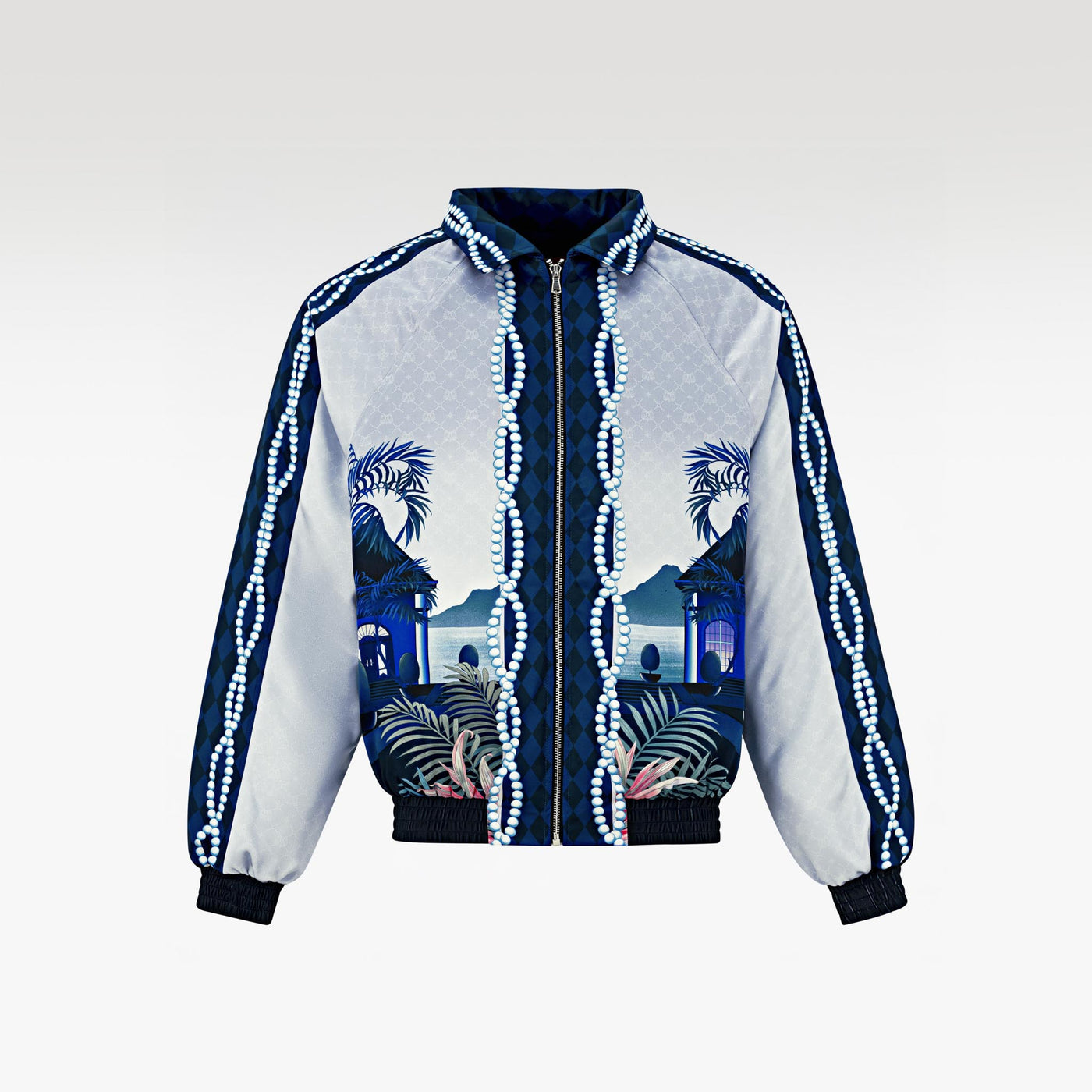 The Ocean Monarch Silk Bomber Jacket | Premium Satin Silk Tropical Night Beach Scene Print