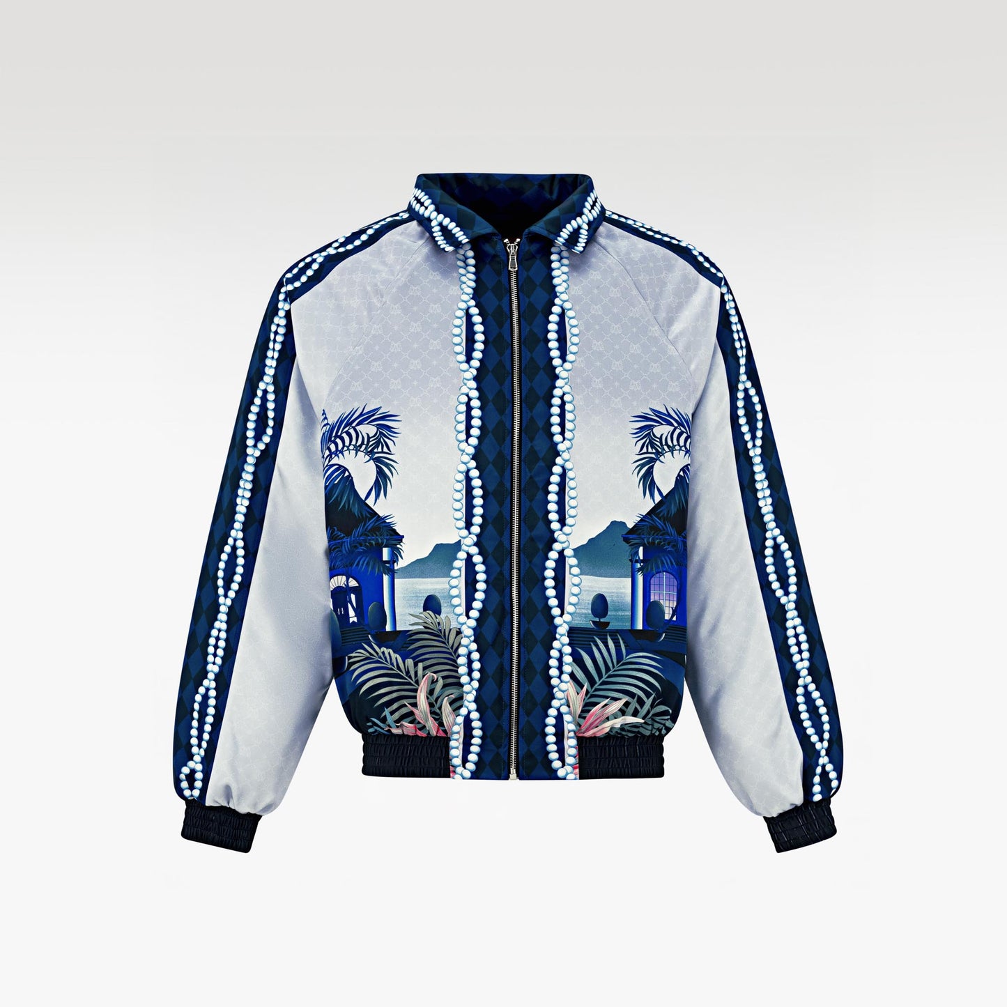The Ocean Monarch Silk Bomber Jacket | Premium Satin Silk Tropical Night Beach Scene Print