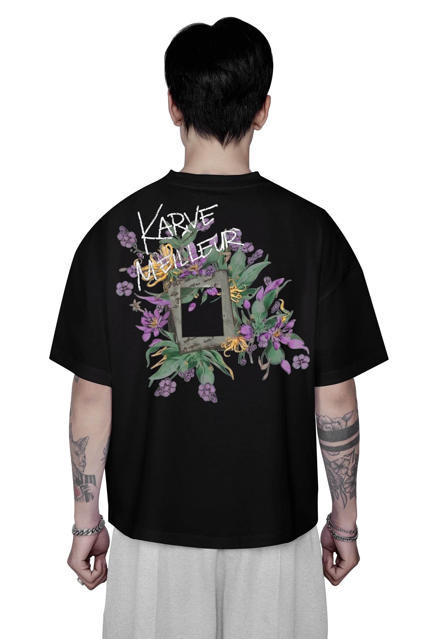 Violet Boxy T-Shirt | Boxy Fit Graphic Tee - Vintage Black Floral Gothic Streetwear Top