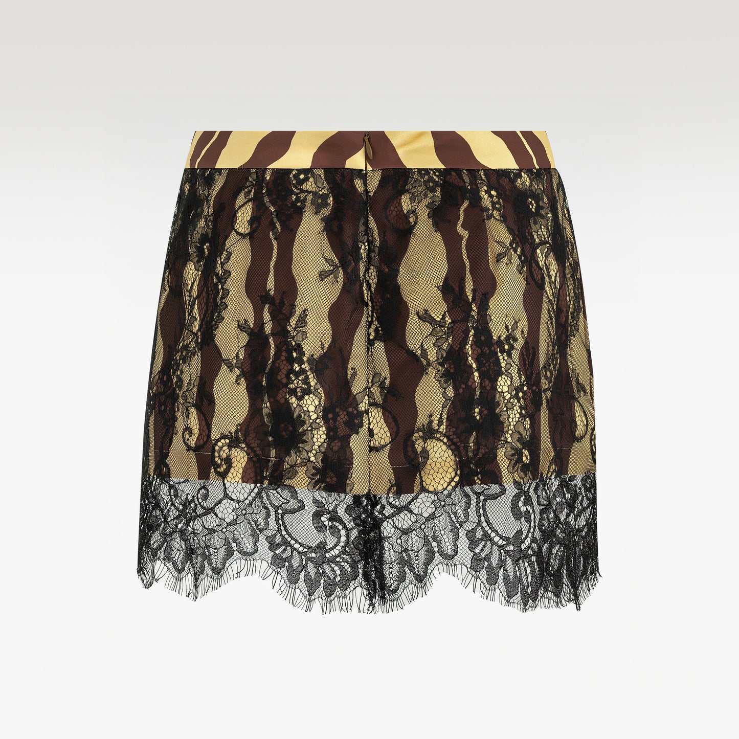 Golden Muse Mini Skirt | Wavy Print High-Waisted Skirt with Sheer Black Floral Lace Overlay