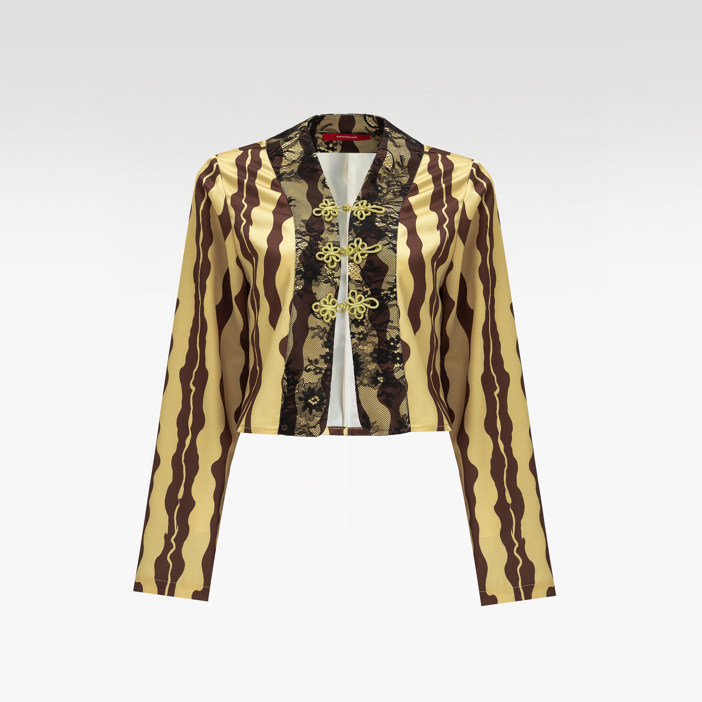 Golden Muse Cropped Jacket | Yellow Wavy Print Mandarin Collar Top with Black Lace & Frog Closures