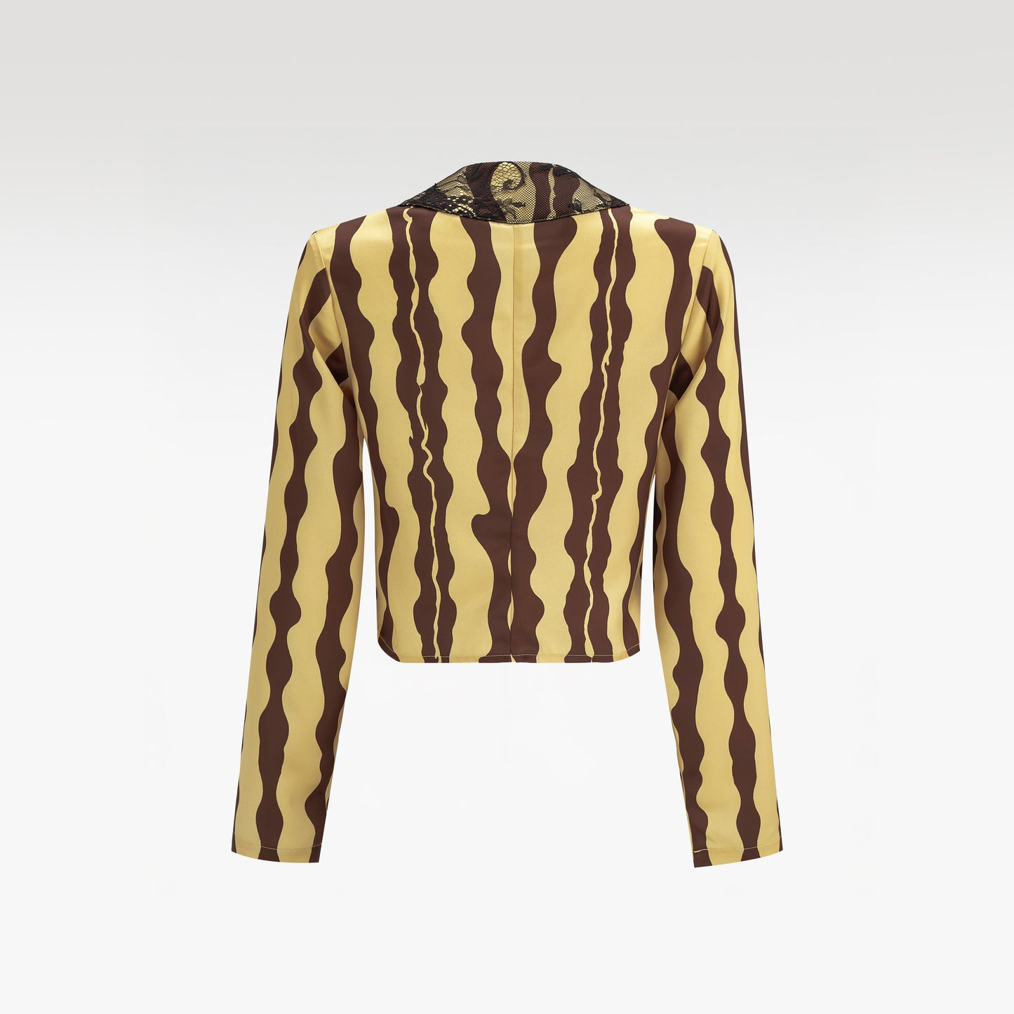 Golden Muse Cropped Jacket | Yellow Wavy Print Mandarin Collar Top with Black Lace & Frog Closures