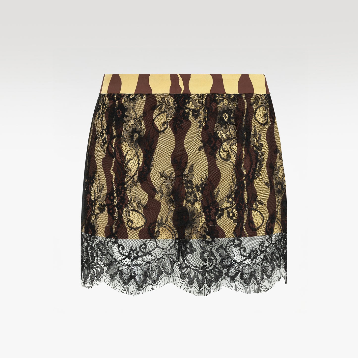 Golden Muse Mini Skirt | Wavy Print High-Waisted Skirt with Sheer Black Floral Lace Overlay