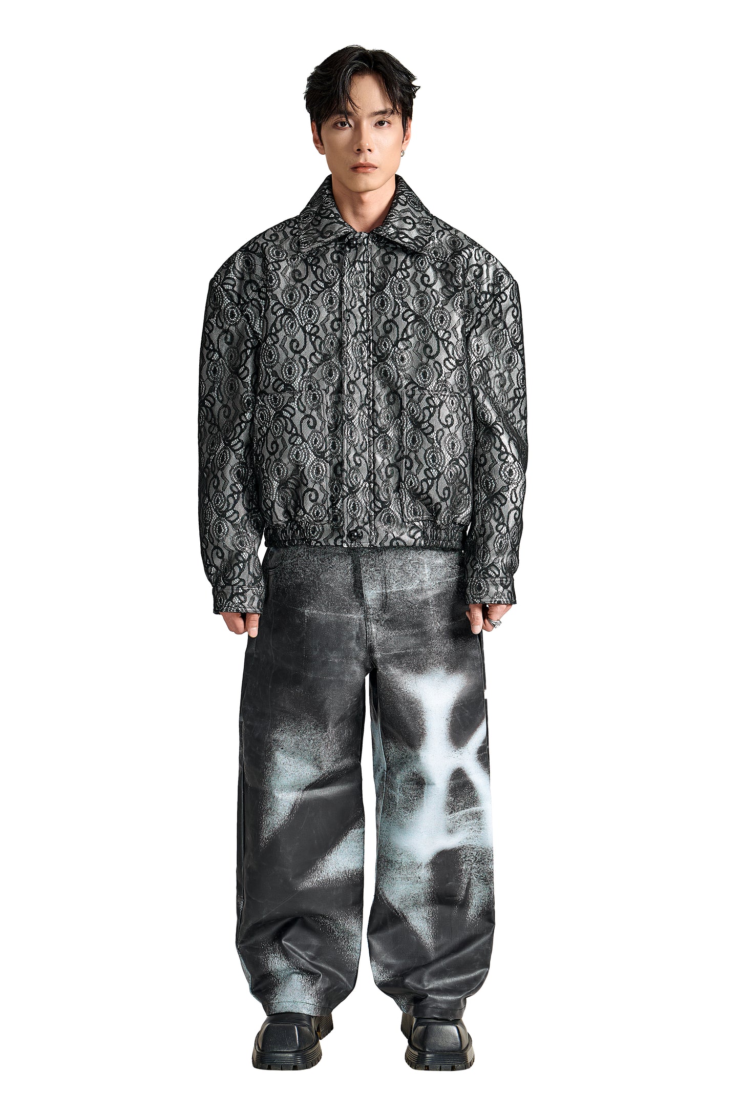 The Shadow Monarch Faux Leather Jacket | Dark Romantic Opulence Black Lace Overlay