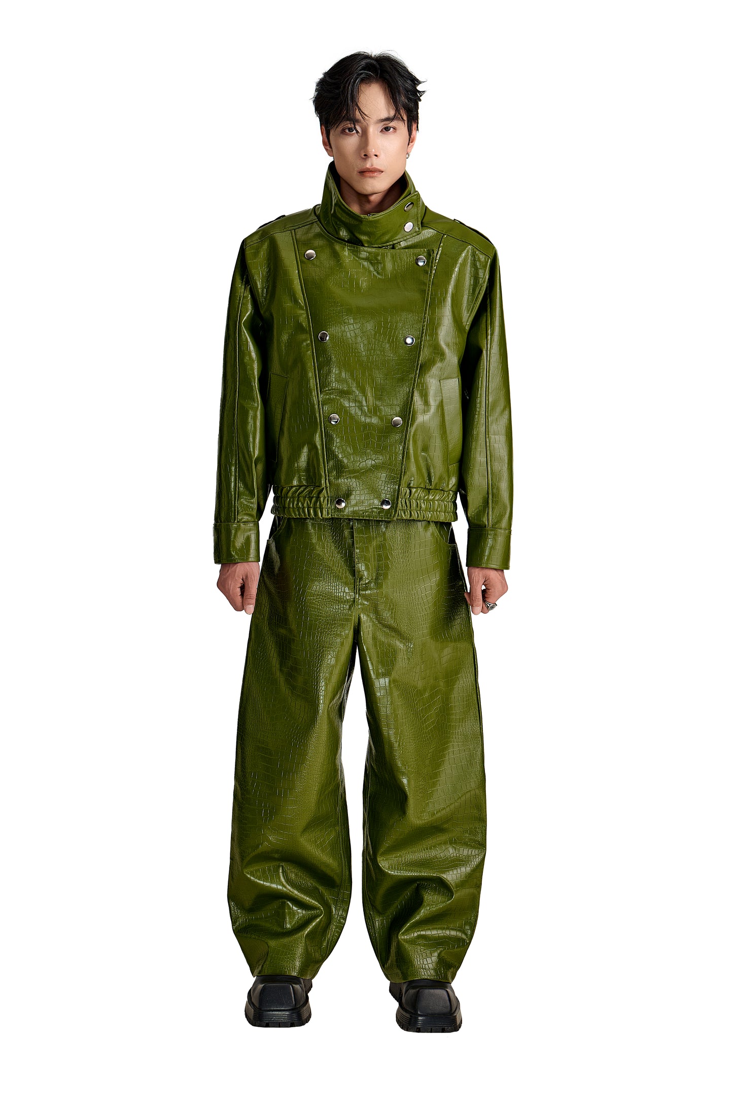 The Obsidian Cipher Faux Leather Jacket | Green Croc Faux Leather Fit