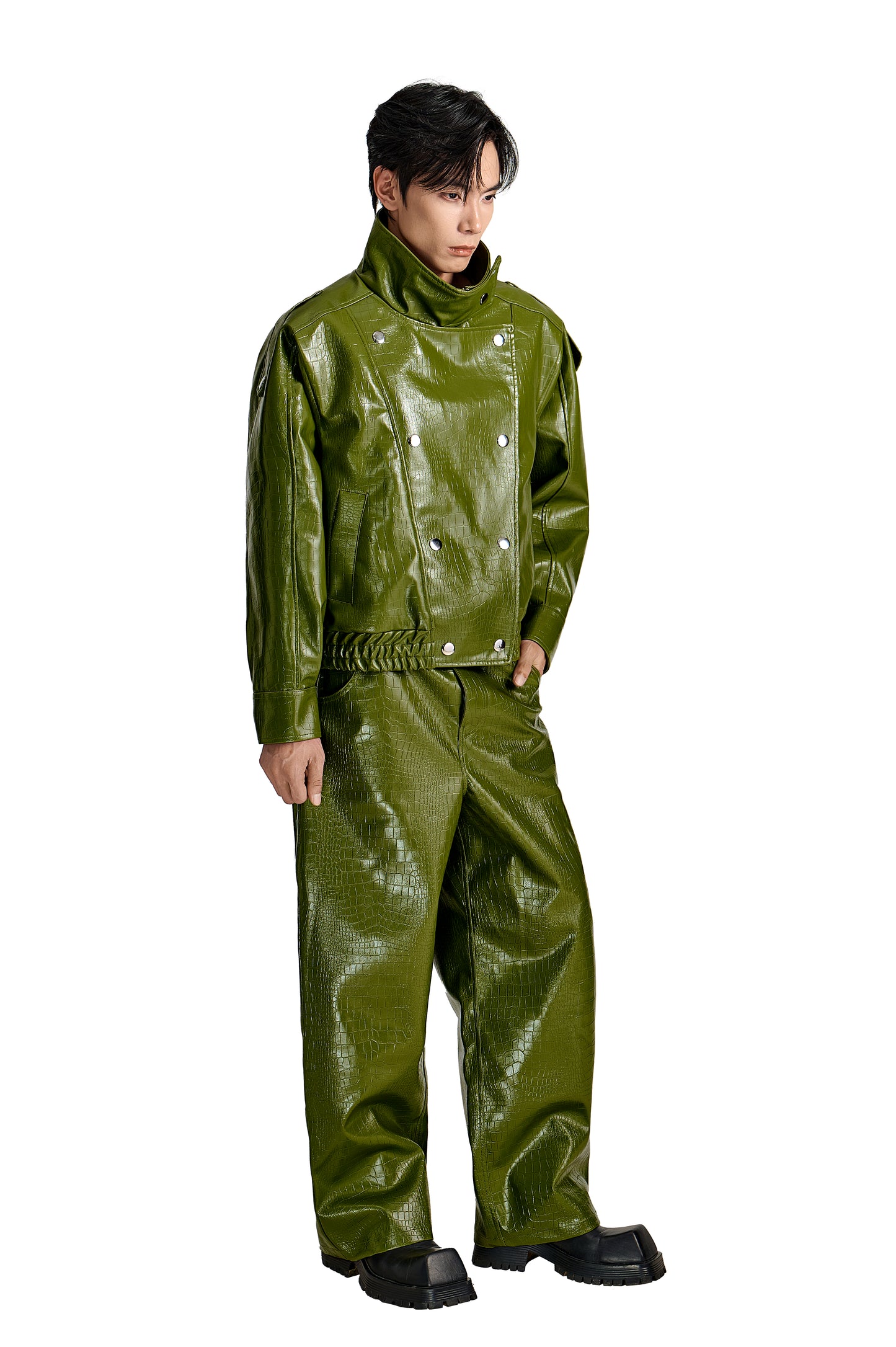 The Obsidian Cipher Faux Leather Jacket | Green Croc Faux Leather Fit