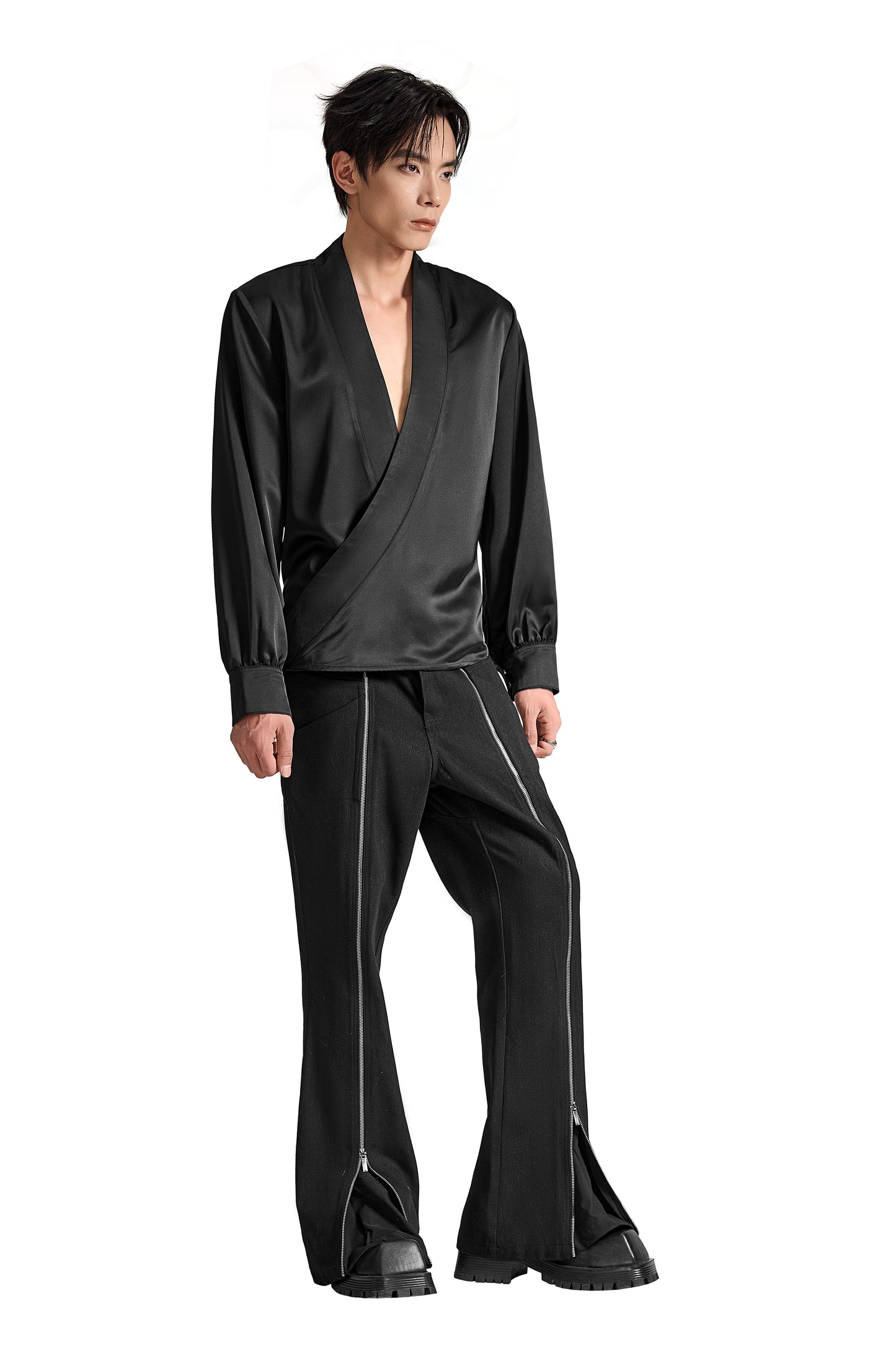 The Platinum Vault Silk Shirt | Shawl Collar Wrap Elegant Adjustable Fit