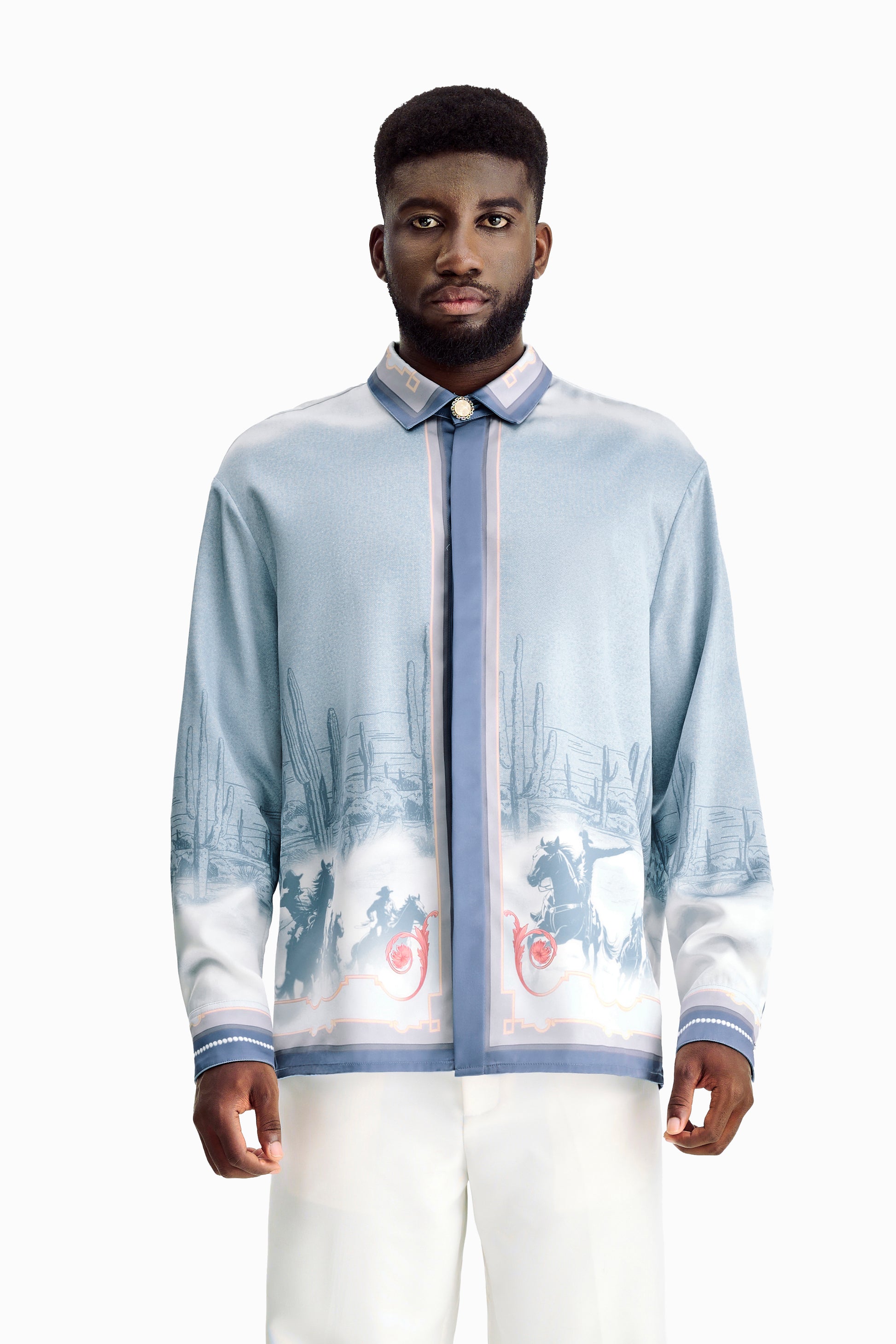 Bit Of Blue Long-Sleeved Silk Shirt | Premium Printed Silk Western Cowboy Streetstyle