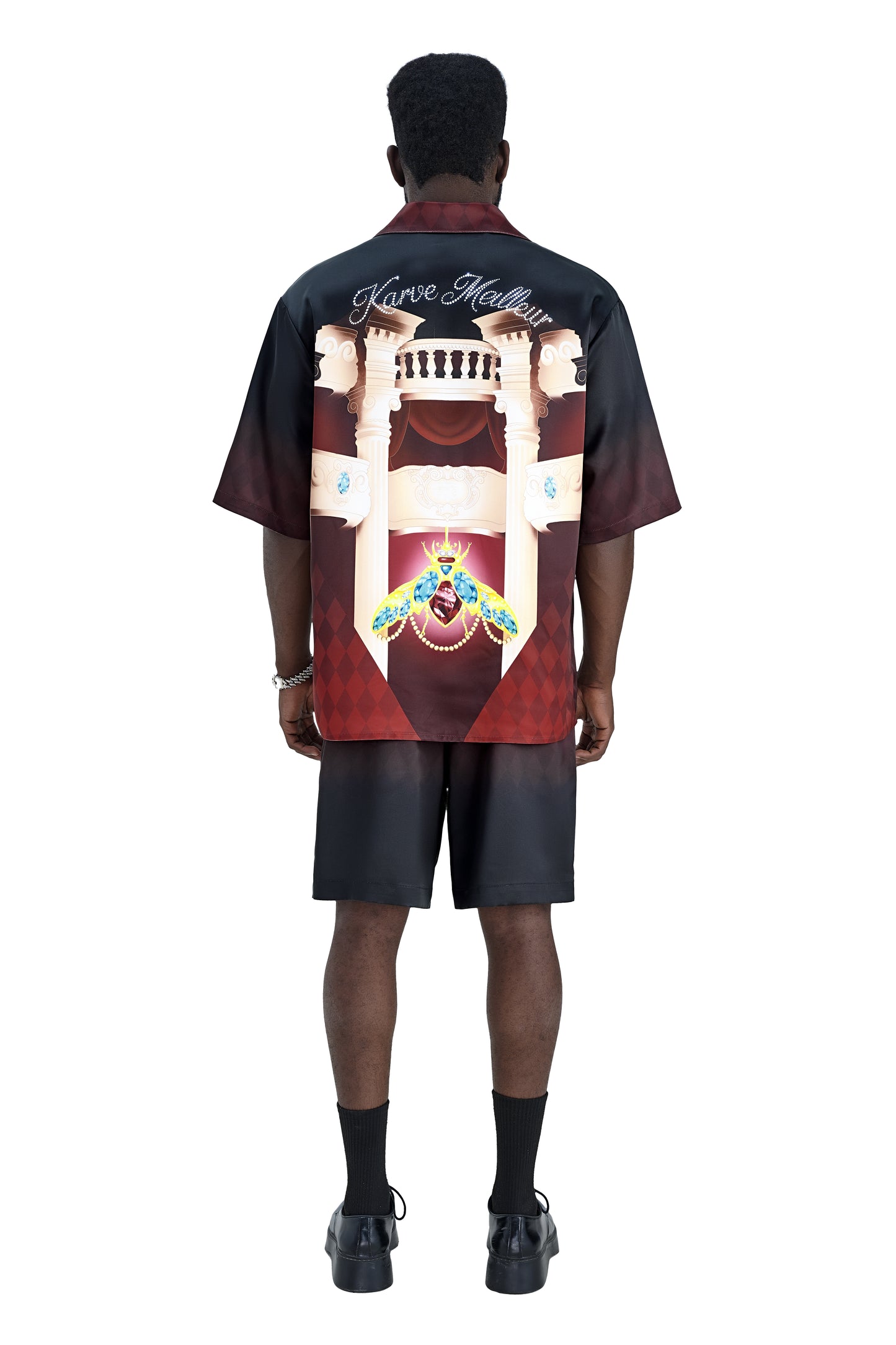 Phantom Silk Shorts | Printed Silk Taffeta - Card Iconography, Burgundy Fade